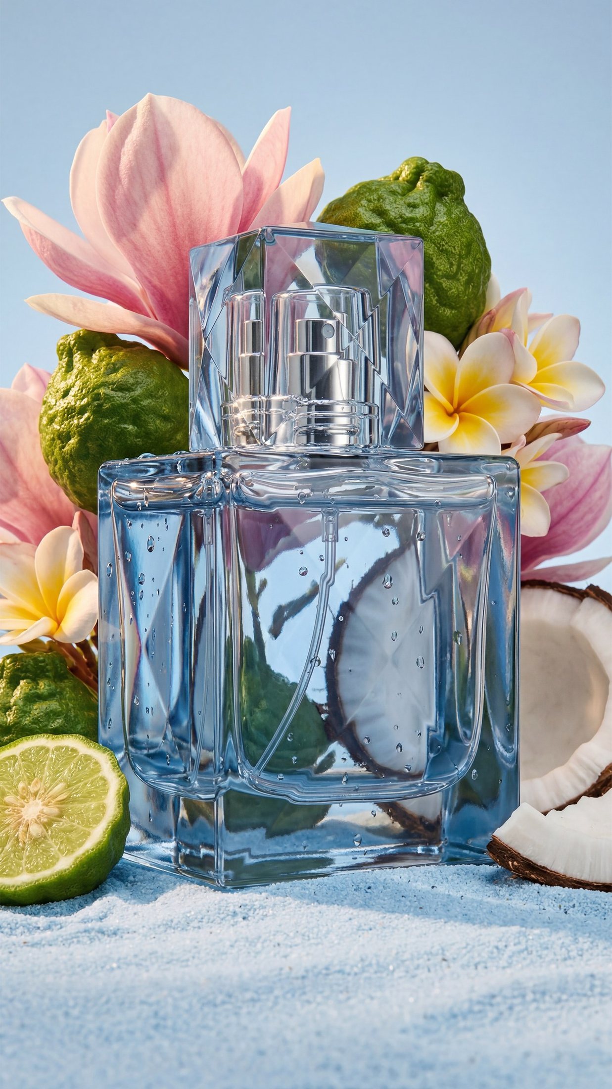 Ingredient study: magnolia, bergamot and coconut around the blue bottle
