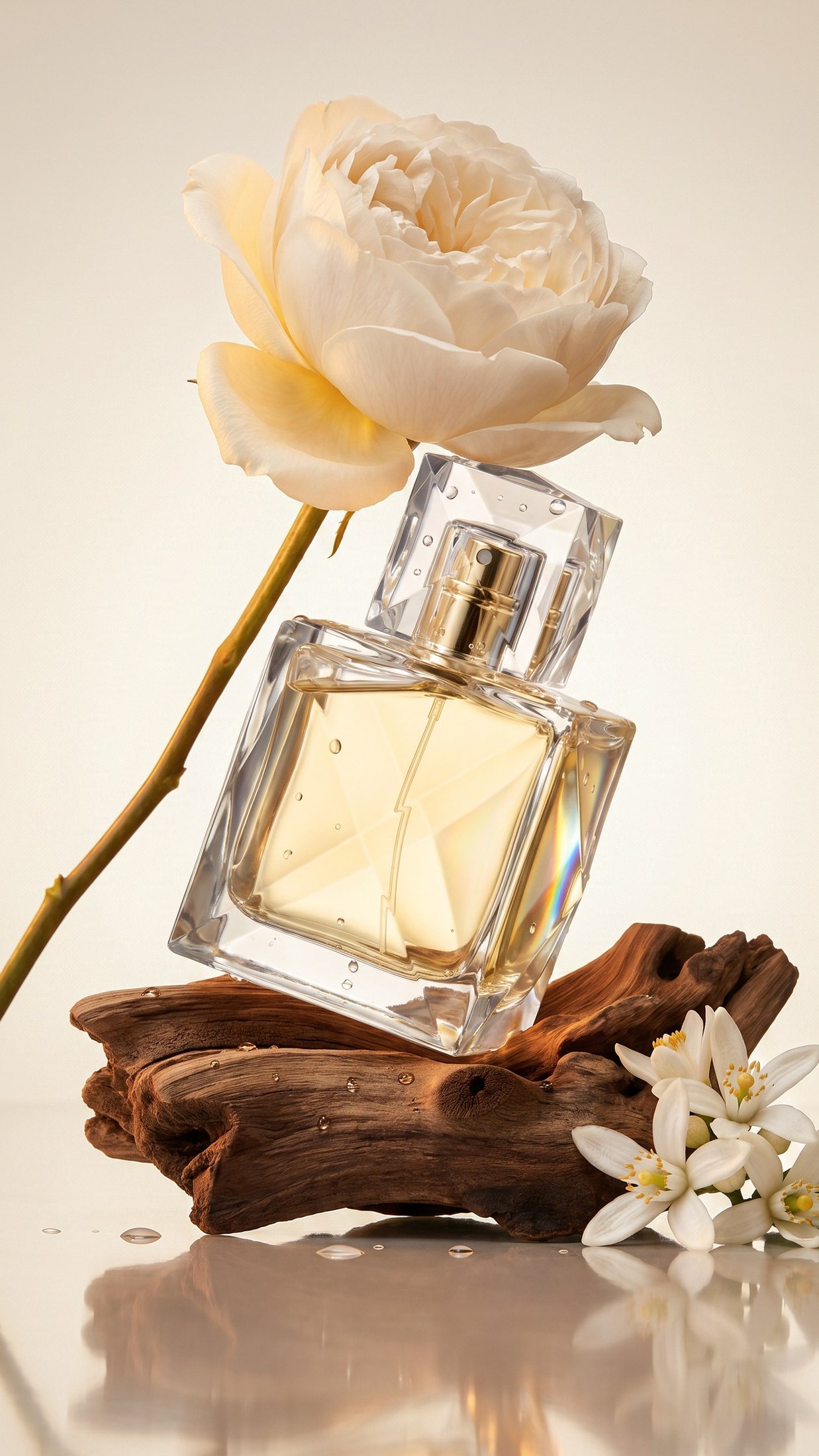 XO Khloé eau de parfum on driftwood beneath a cream rose