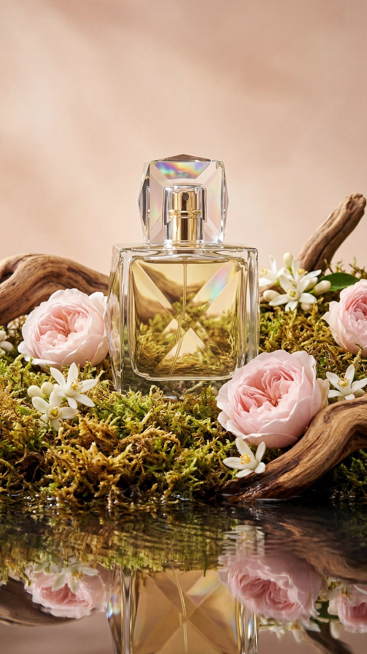 Ingredient study, roses and orange blossom around the gold bottle