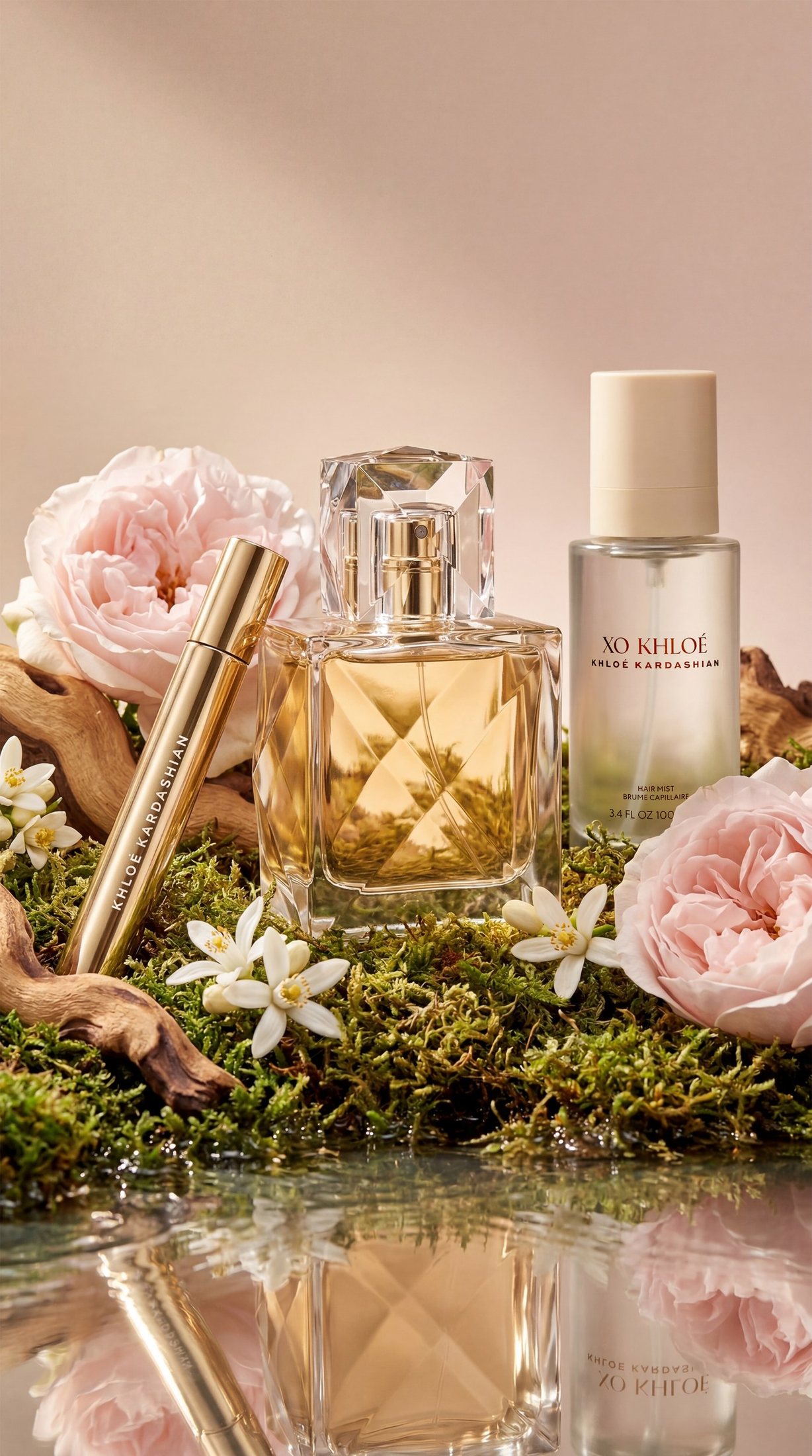 XO Khloé line-up on moss with roses and driftwood