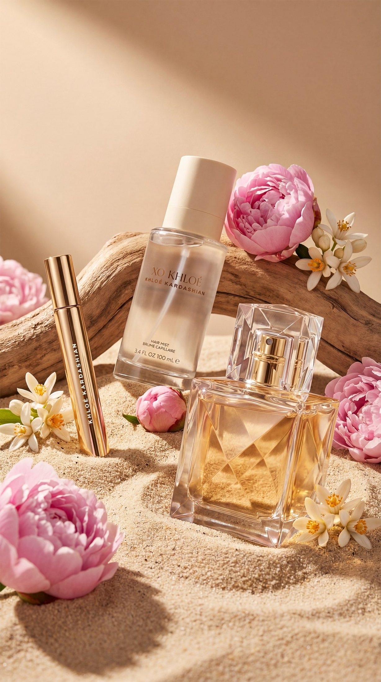 XO Khloé rollerball, eau de parfum and hair mist on sand