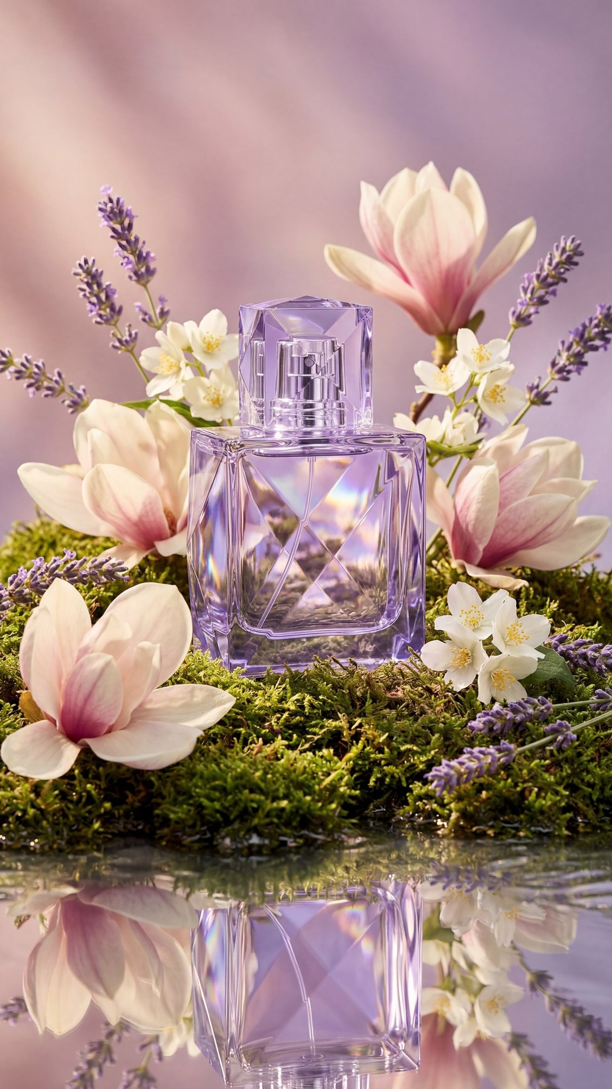 Ingredient study, lavender and magnolia around the lilac bottle