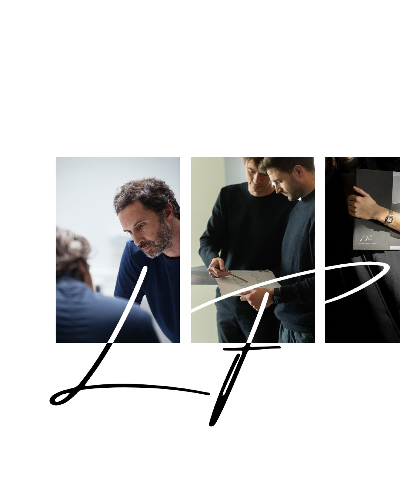 The monogram composed over photography of the team at work