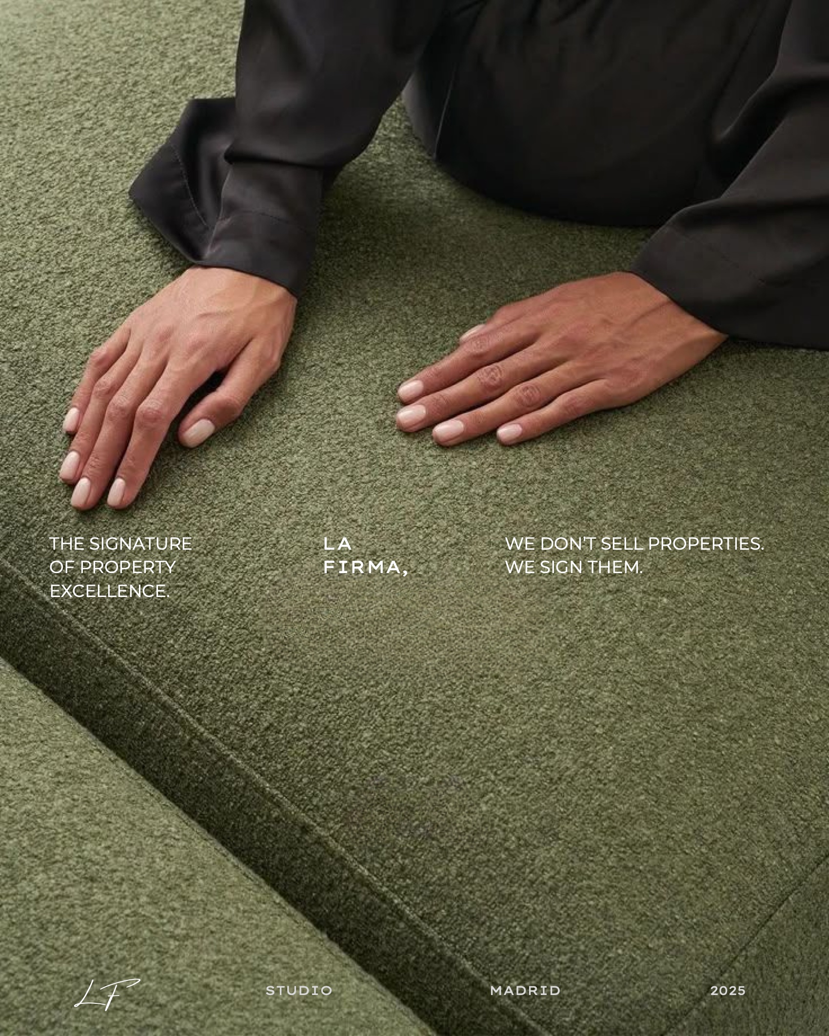Campaign frame: hands pressed into green wool, with the campaign lines set around it