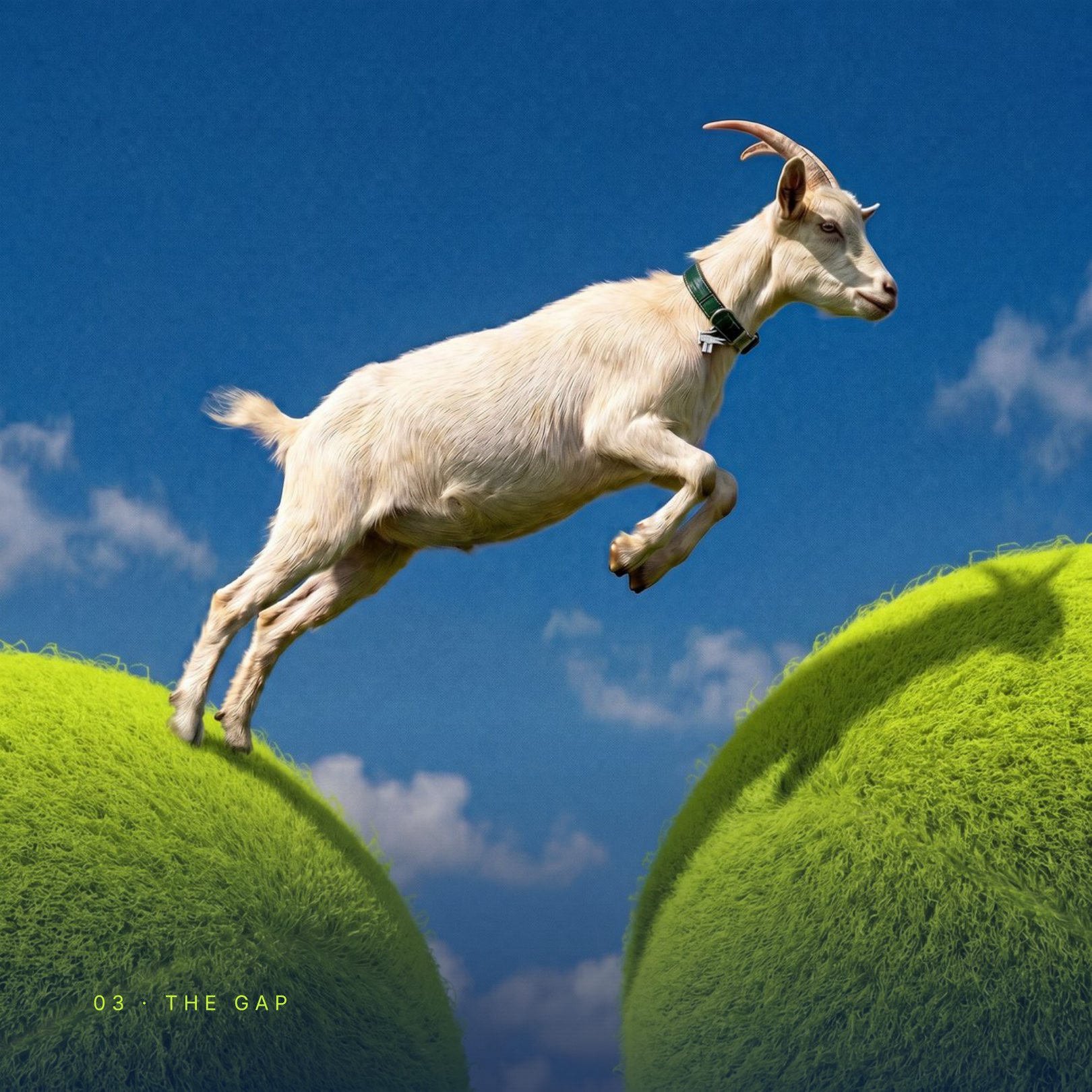 The goat mid-leap between two giant tennis balls
