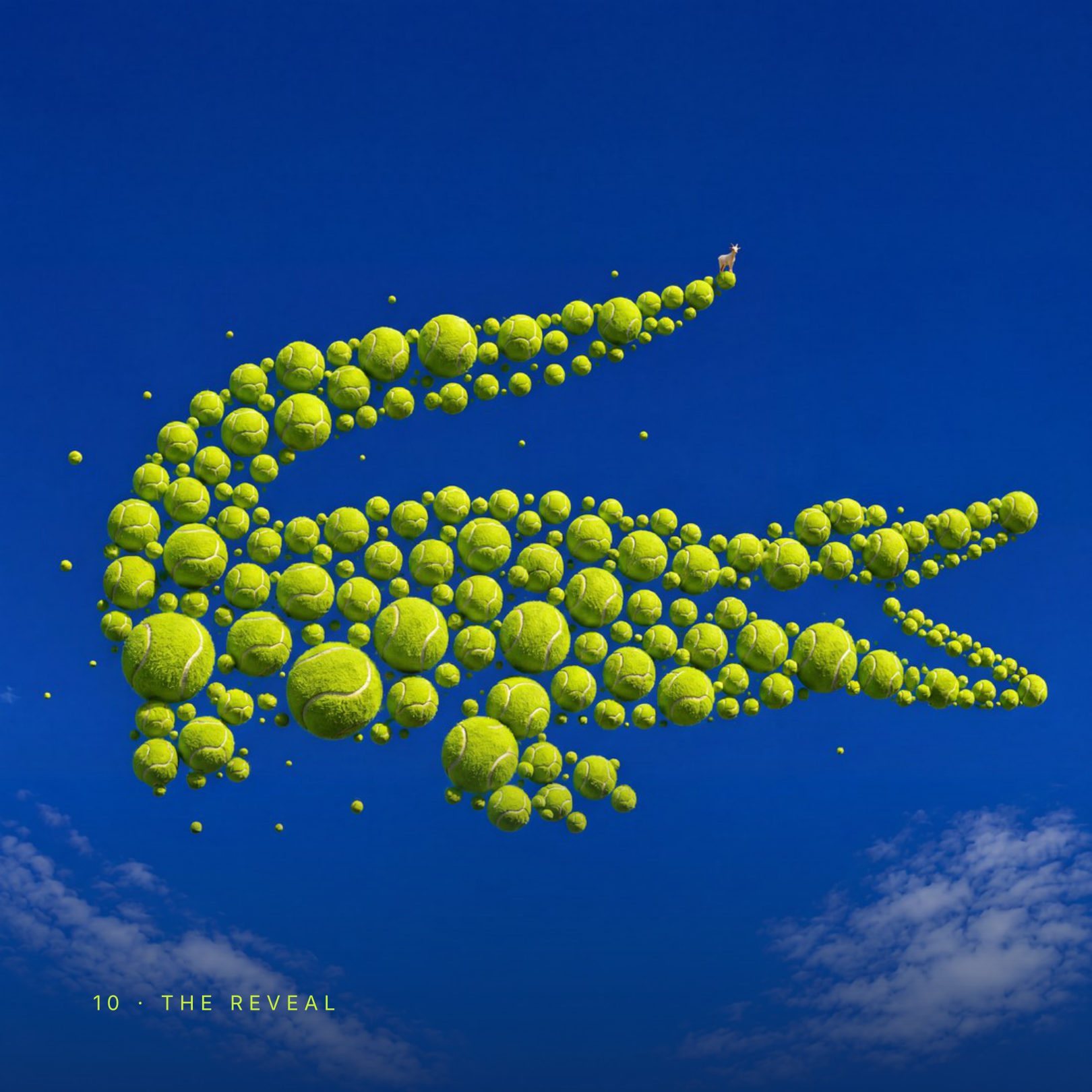 The reveal, the Lacoste crocodile silhouette resolving out of hundreds of tennis balls against the sky