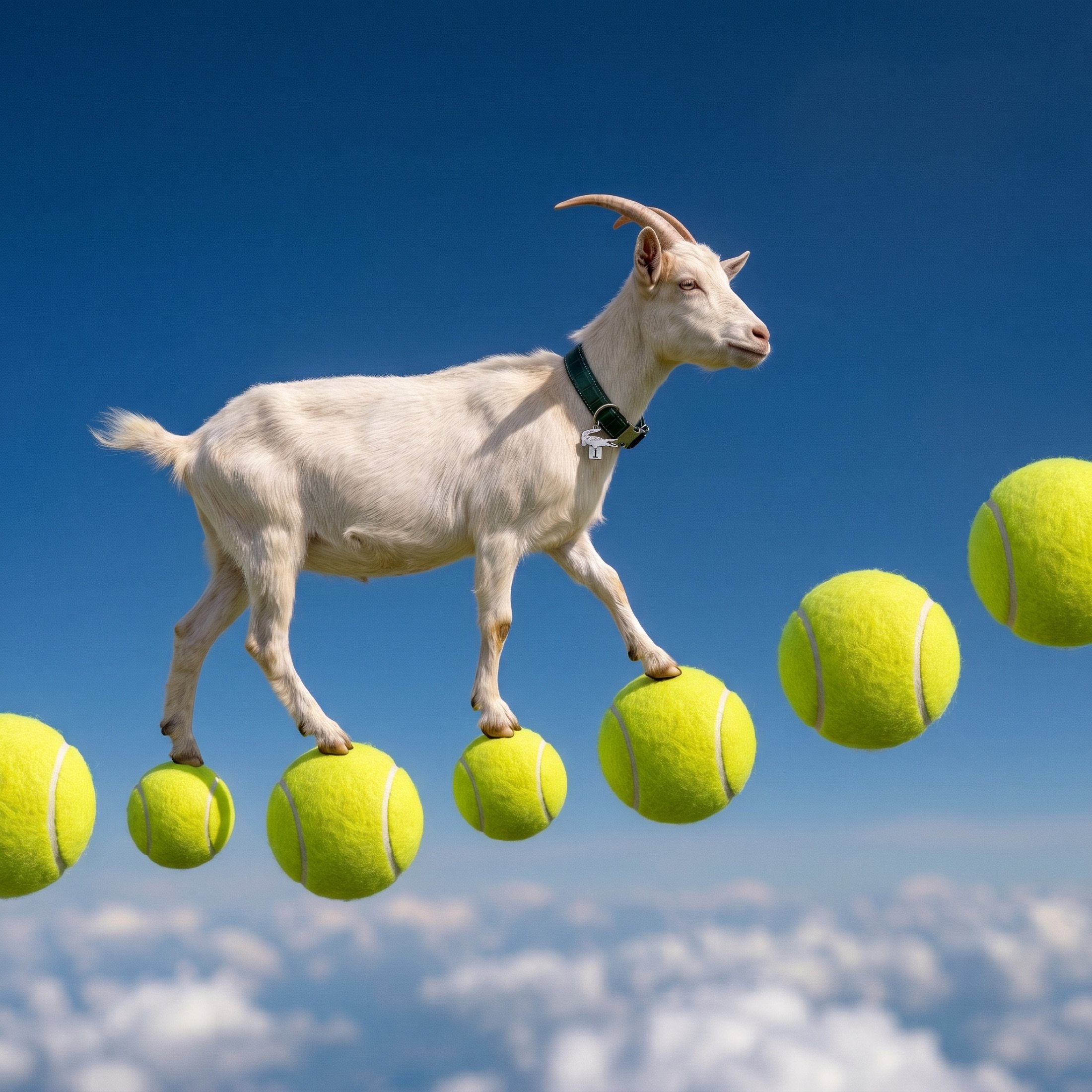 The goat walking across a line of giant tennis balls suspended above the clouds