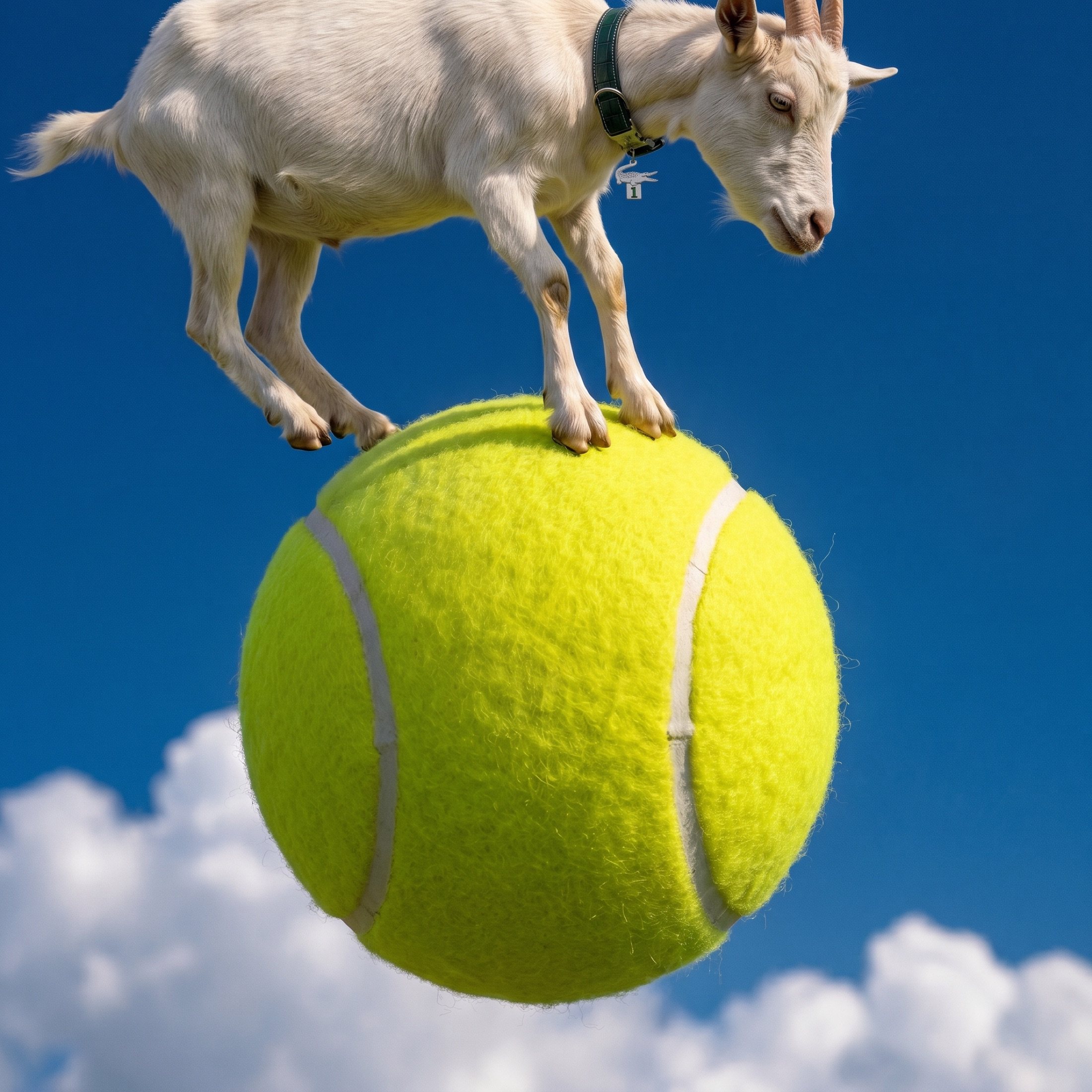 The goat standing on a single giant tennis ball above the clouds