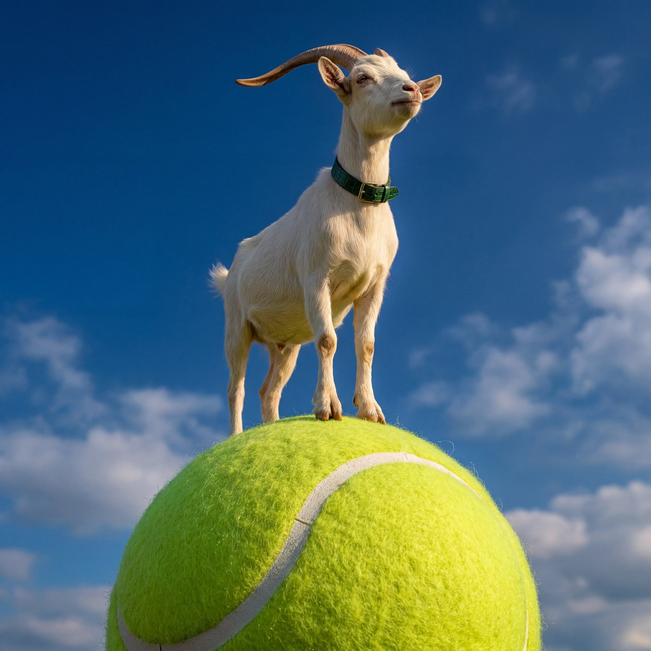 Low-angle hero shot, the goat standing on a giant tennis ball against the sky
