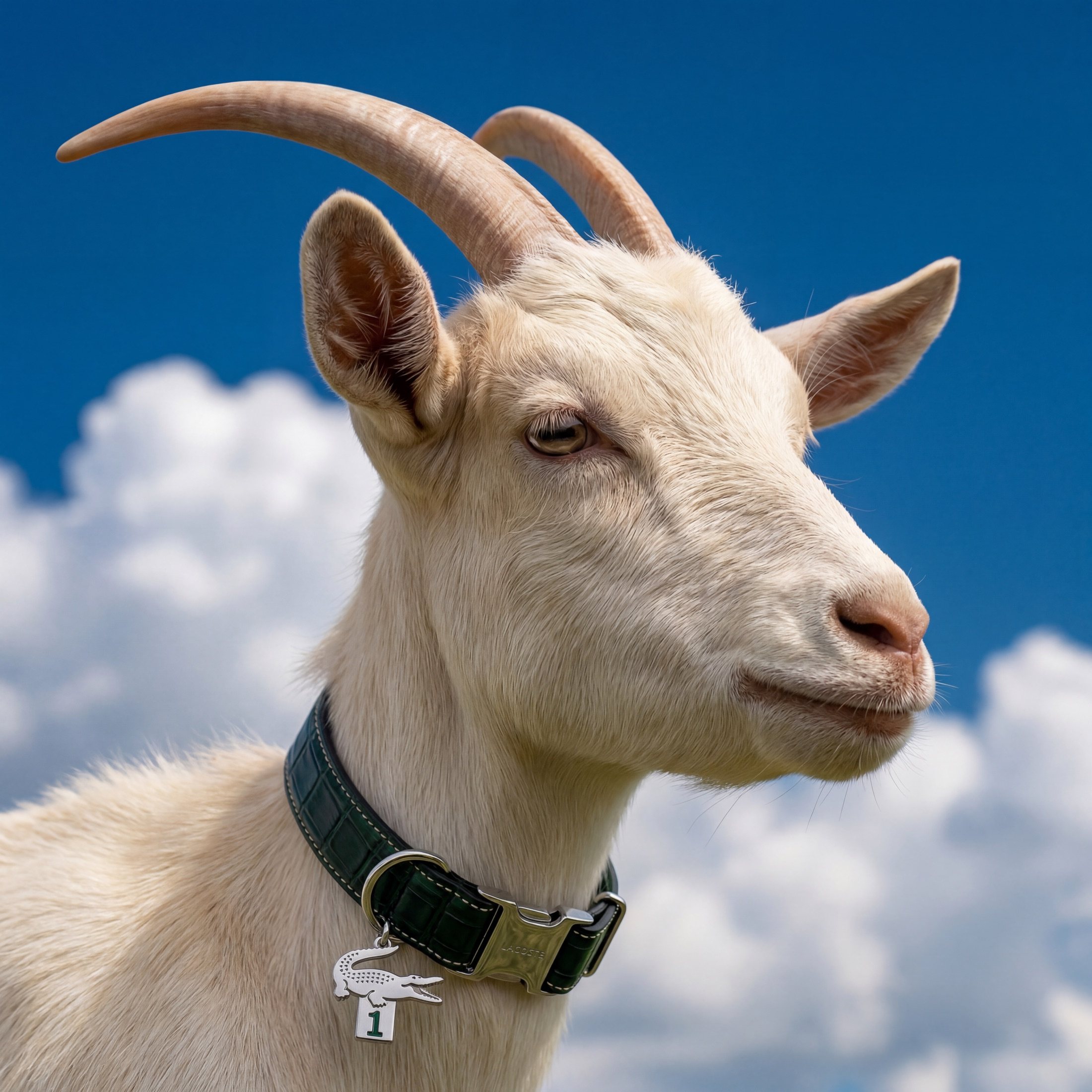 Portrait of the goat wearing a green leather collar with a numbered crocodile charm