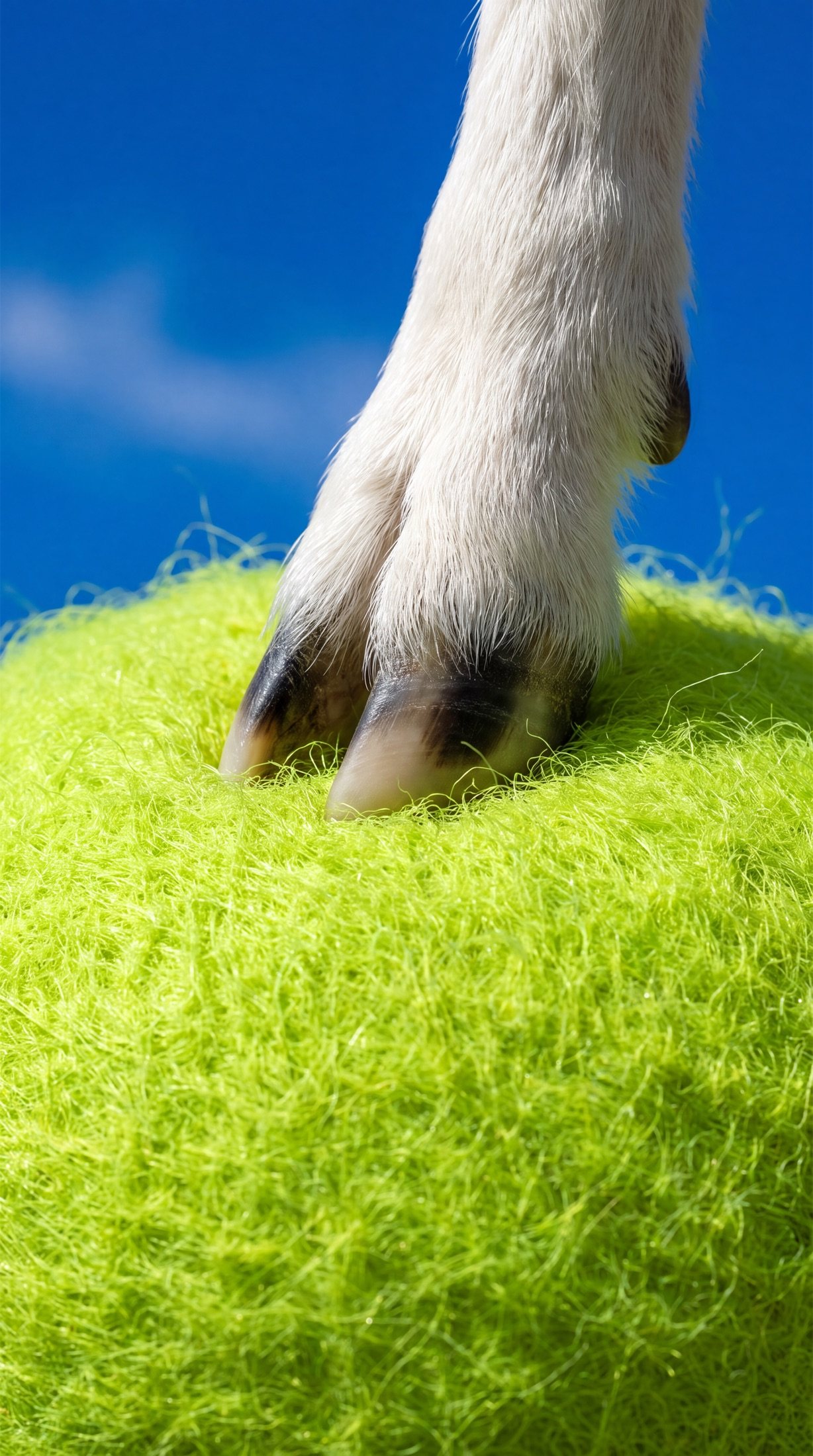 Macro detail, the goat's hoof pressing into the felt of a giant tennis ball