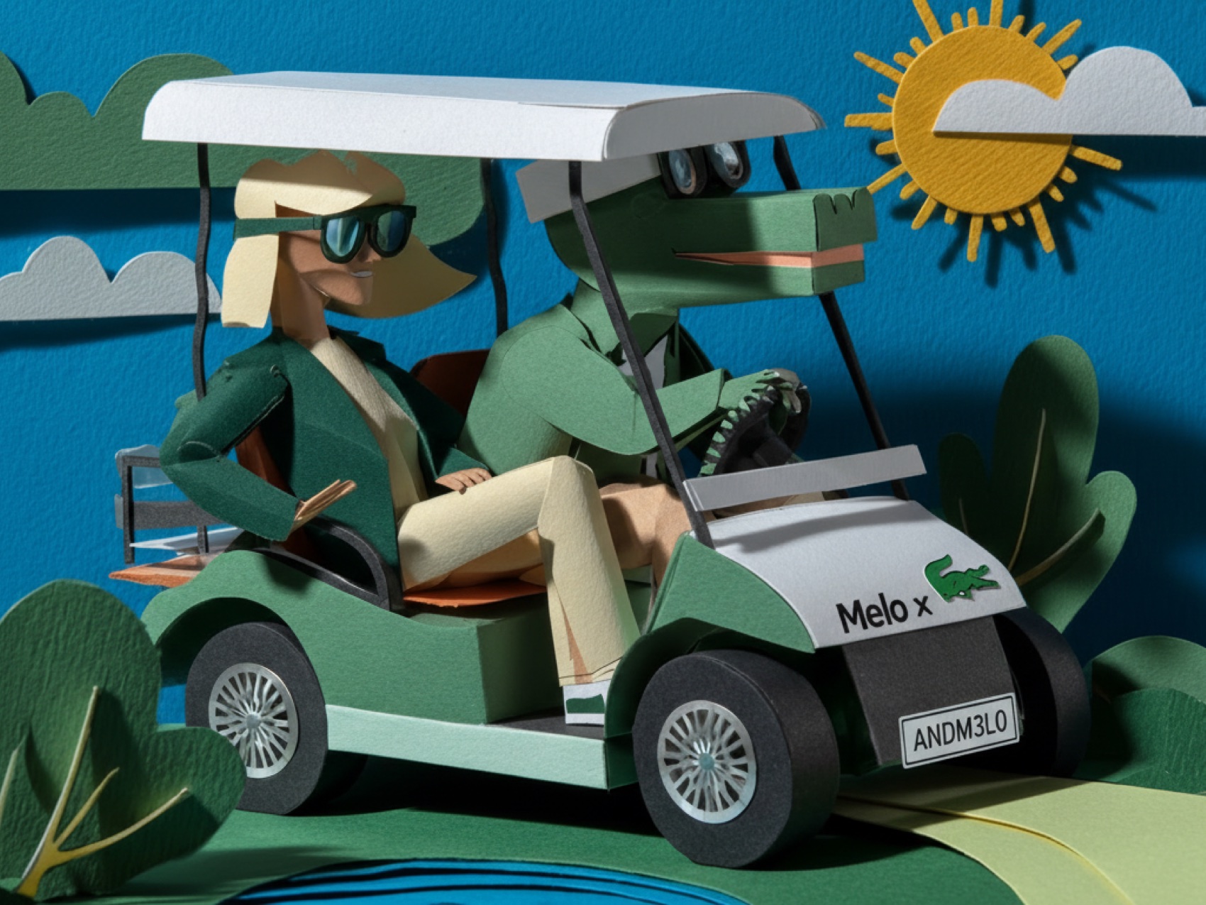 A paper golf cart with two players, Melo branding on the front