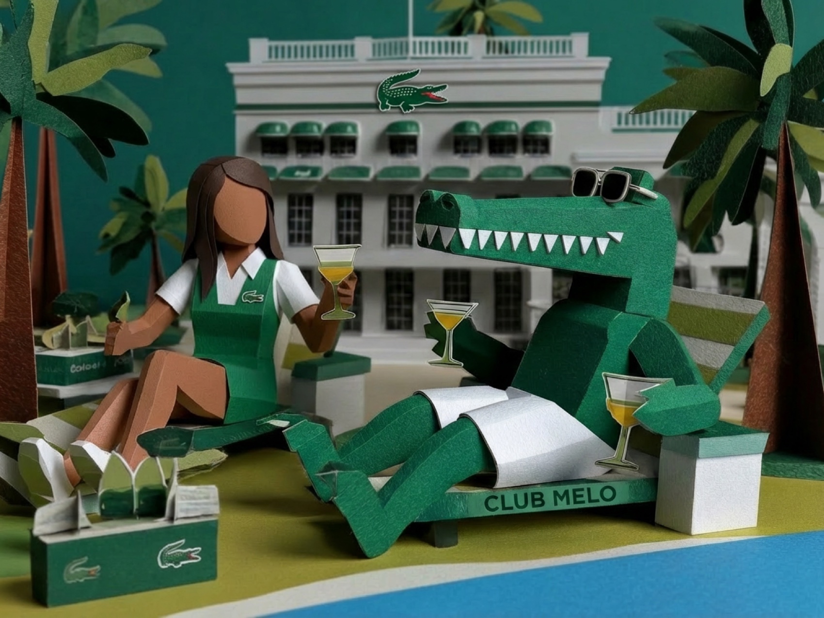 A paper clubhouse scene with a figure reclining