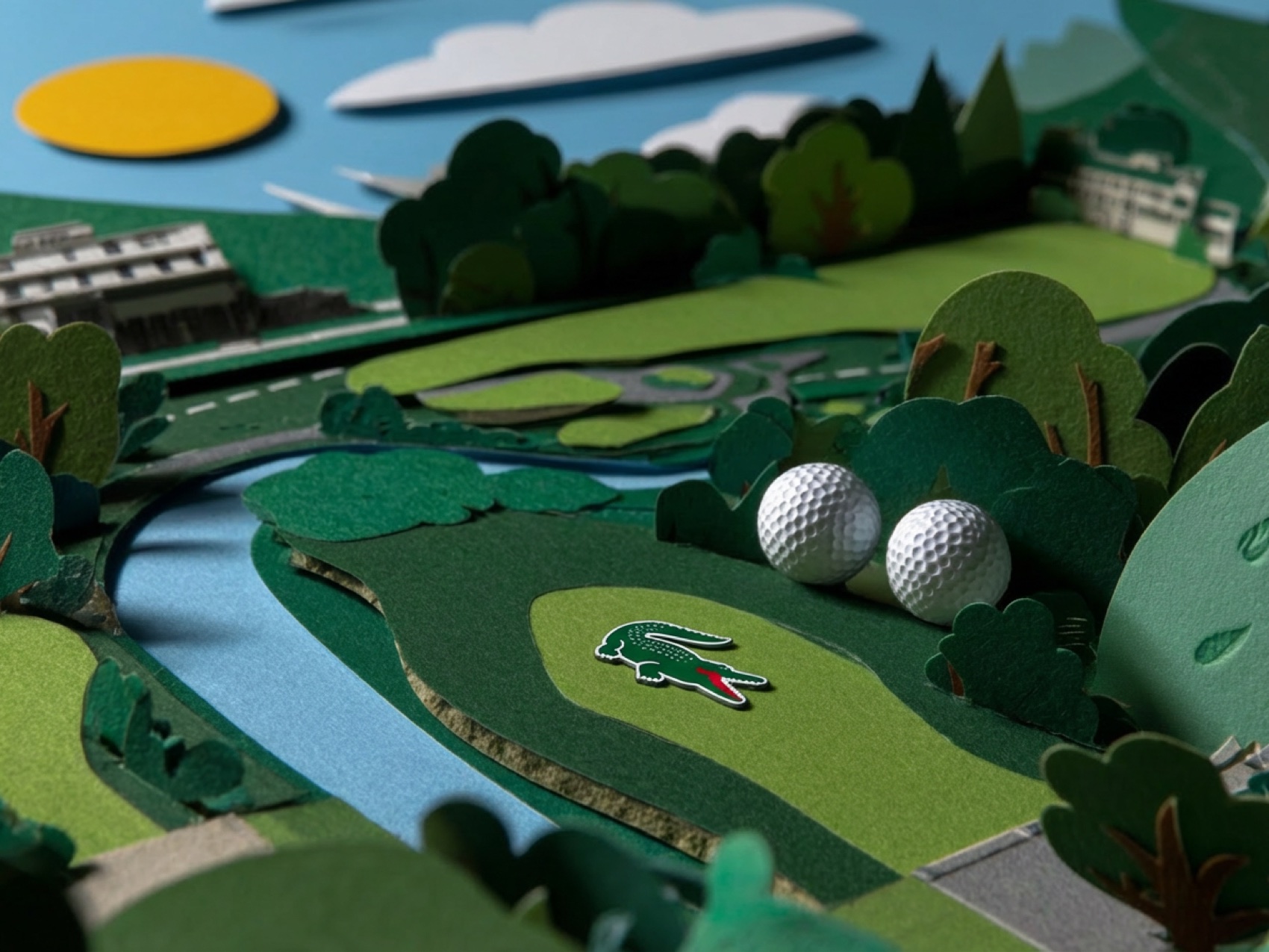 A paper golf course, fairway and water hazard seen from above