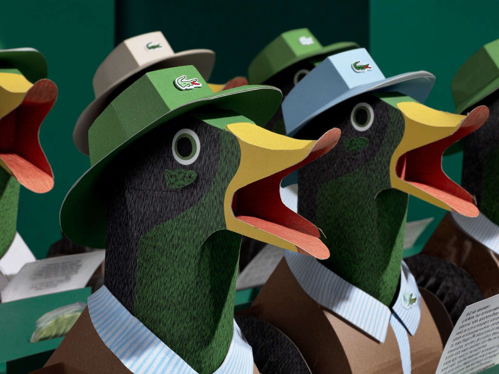 Two paper ducks in golf caps and polos, mid-argument