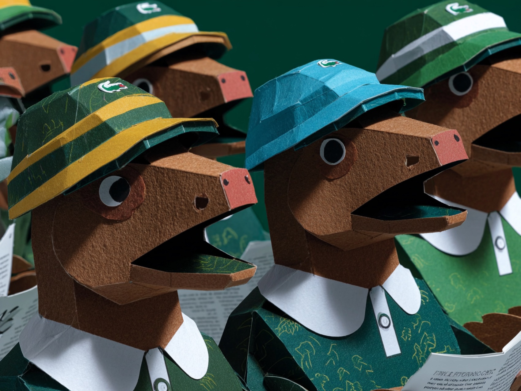 A paper gallery of caps and collars watching from the ropes