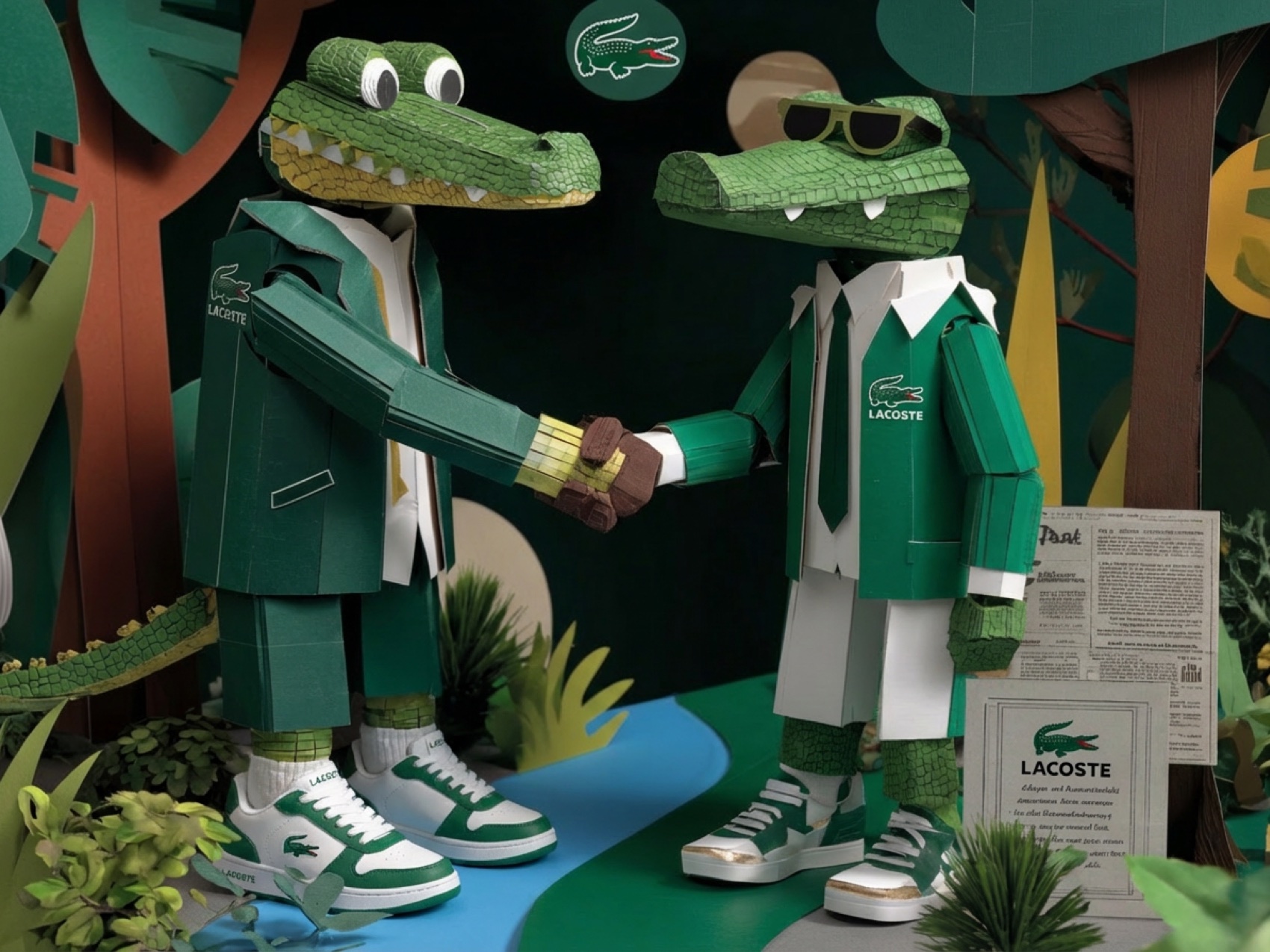 Two paper crocodiles shaking hands on the green after the round