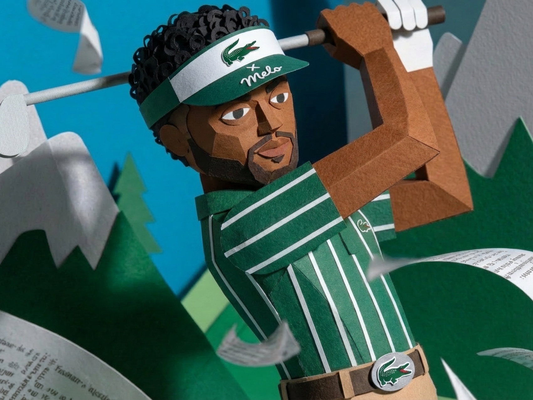 A paper player mid-swing in a green striped polo