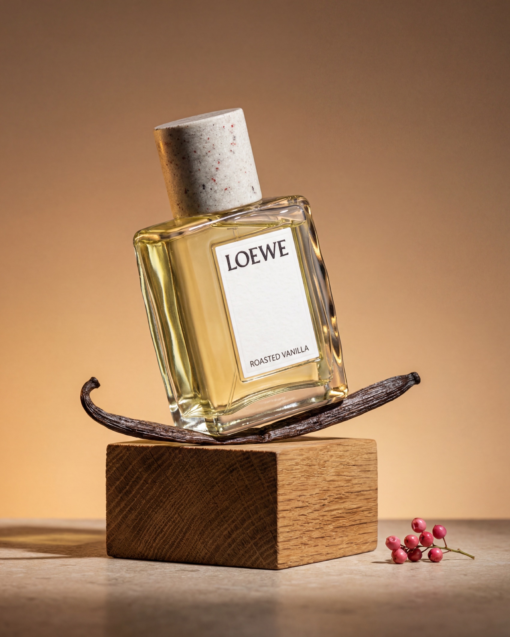 The bottle on raw oak, warm rake light