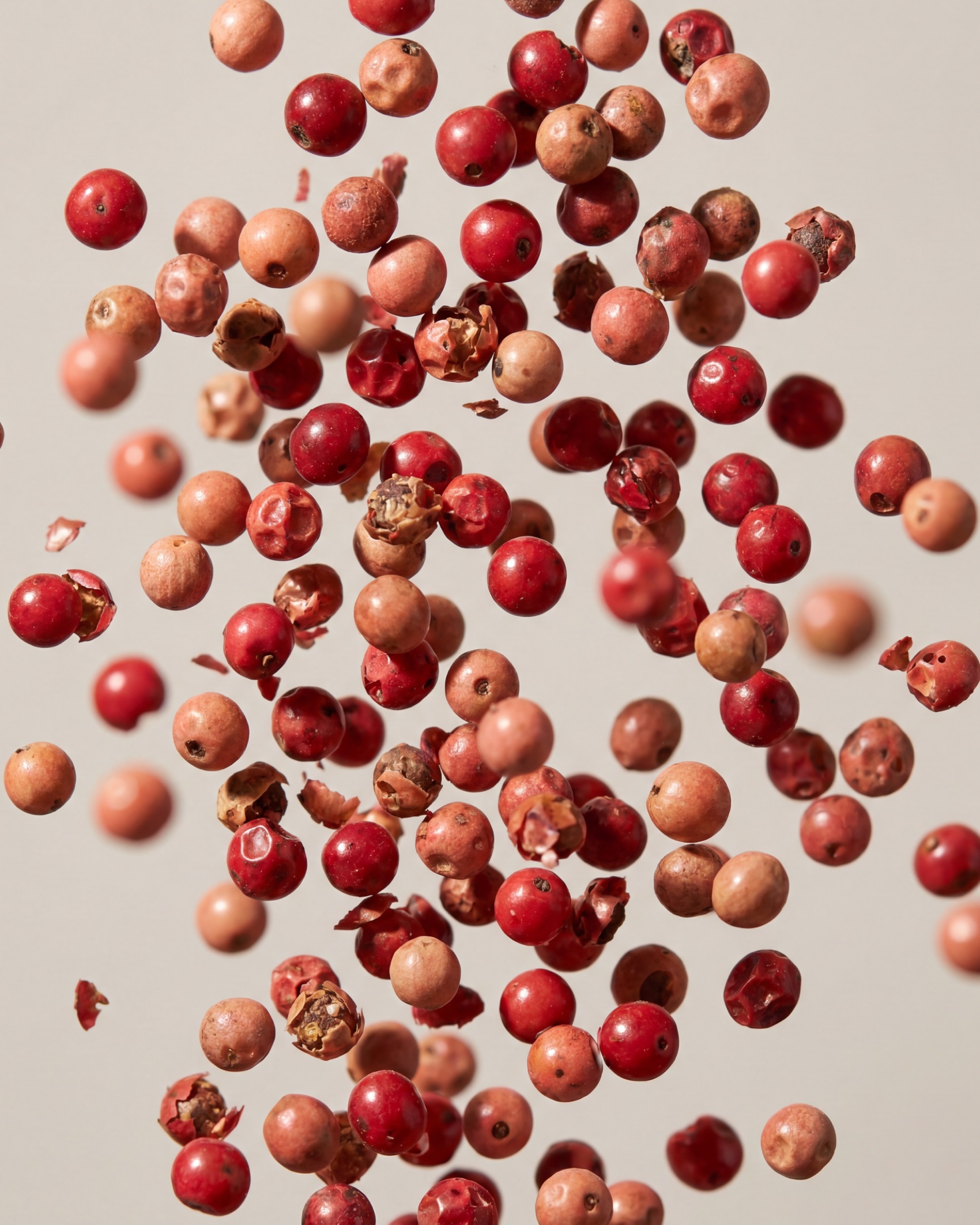 Pink peppercorns scattered across a pale ground