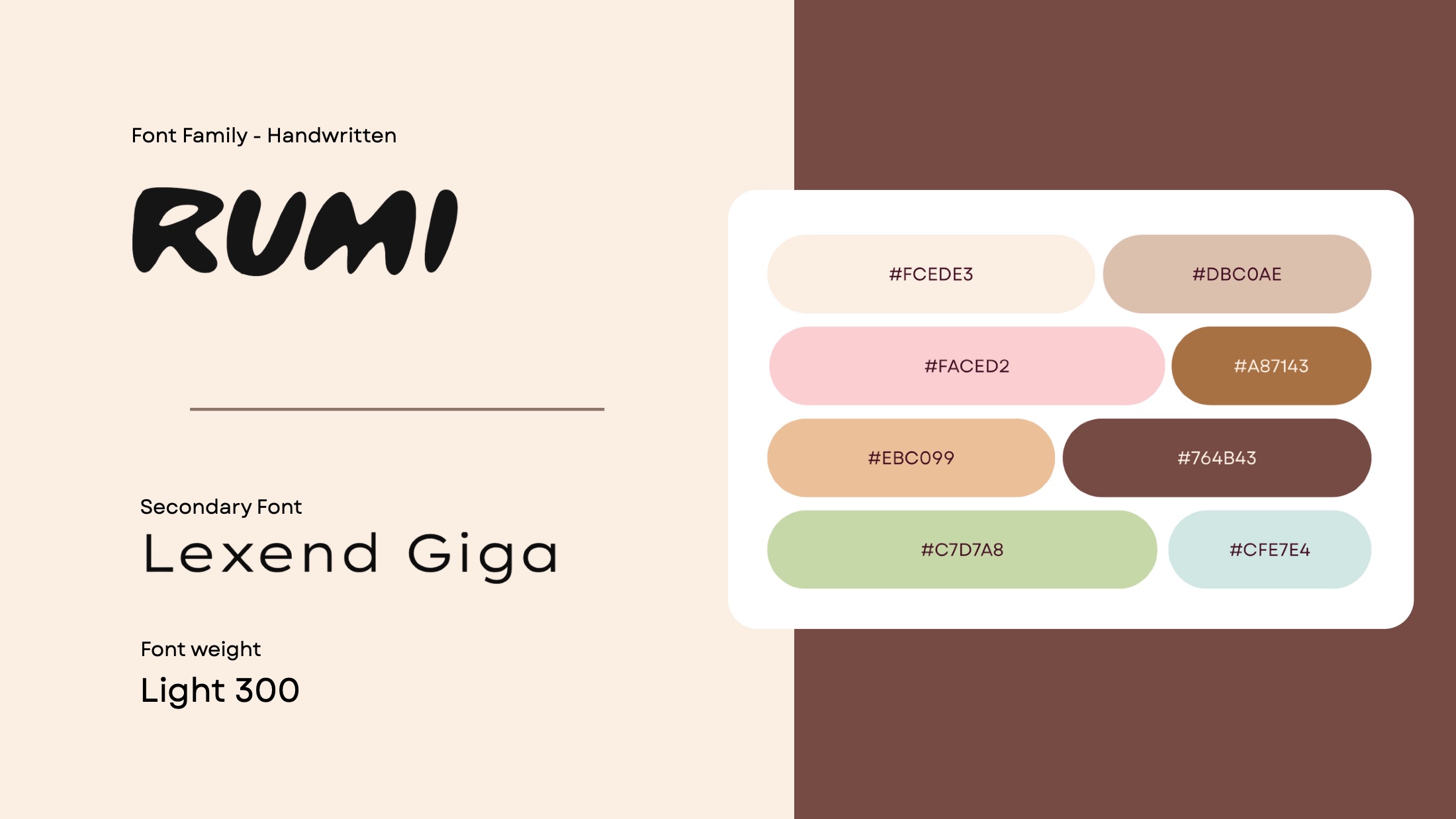 RUMI typography and colour: the handwritten mark, Lexend Giga and the palette swatches