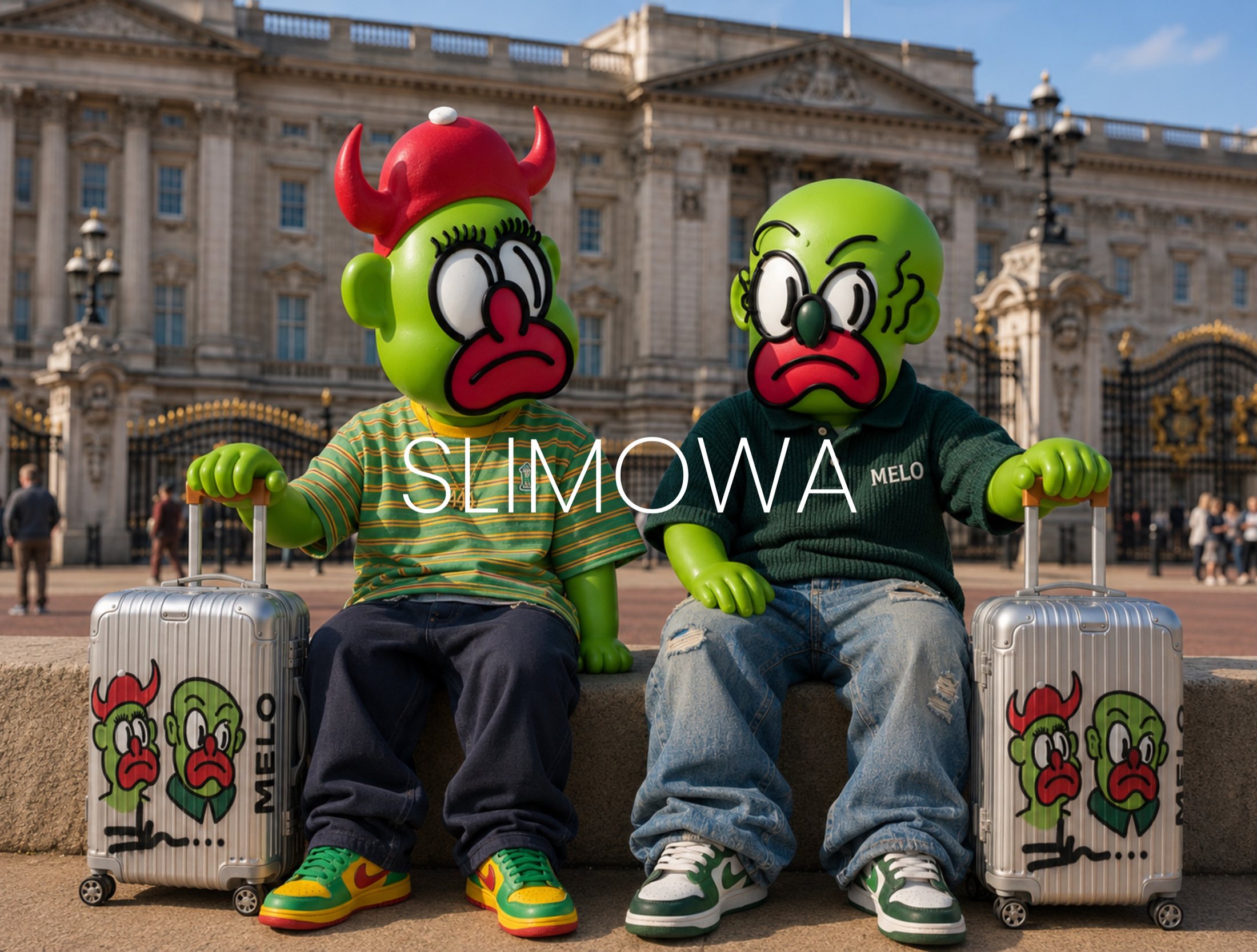 SLIMOWA key art: two of Slawn's characters seated between hand-painted RIMOWA cases outside Buckingham Palace