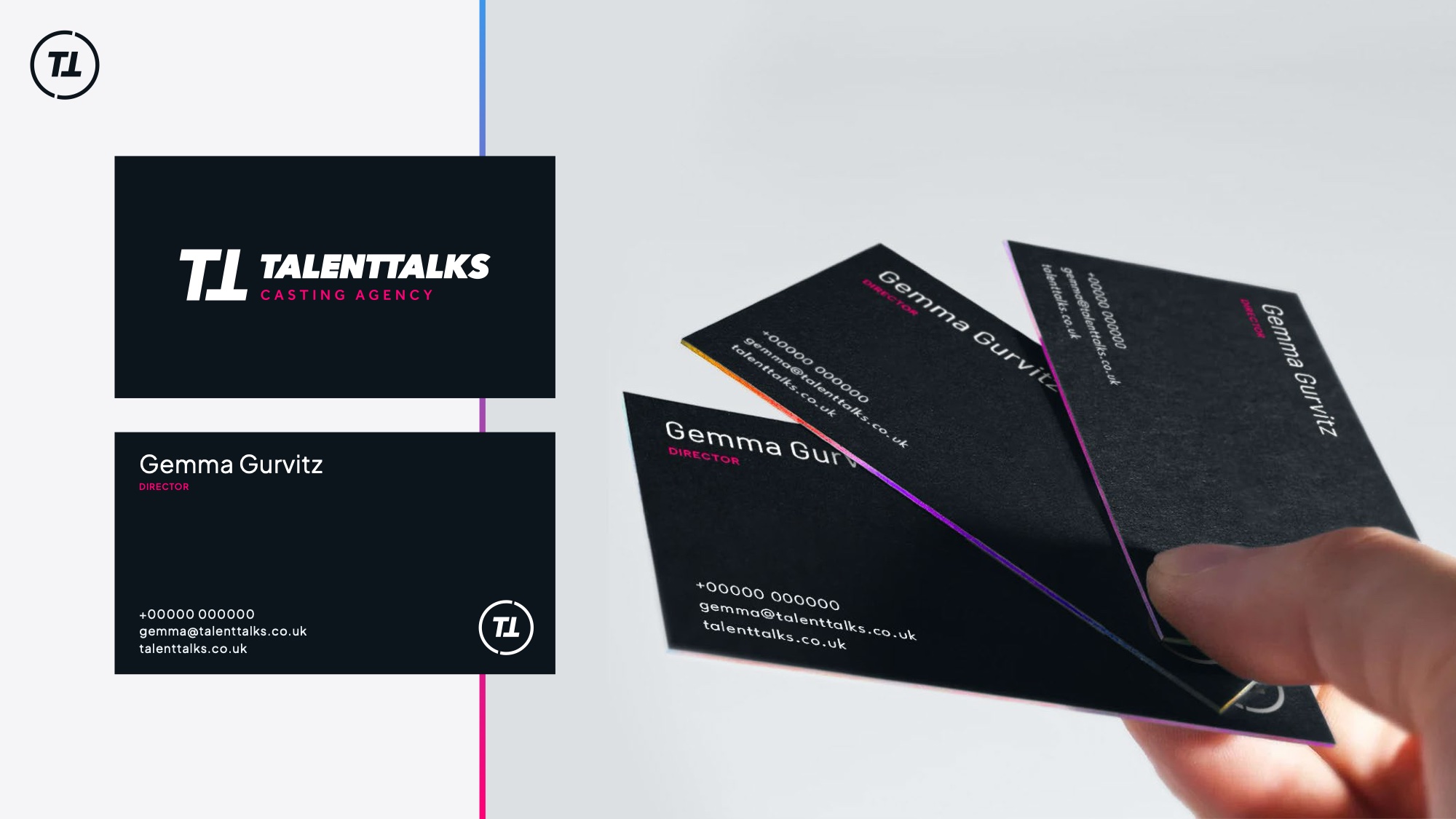 Business cards in dark navy with neon edge