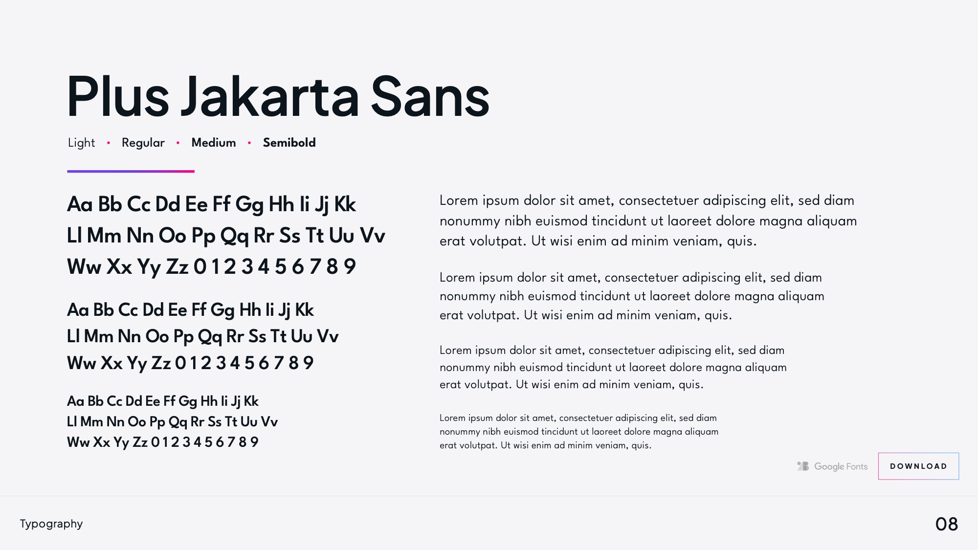 Typography: Plus Jakarta Sans across four weights