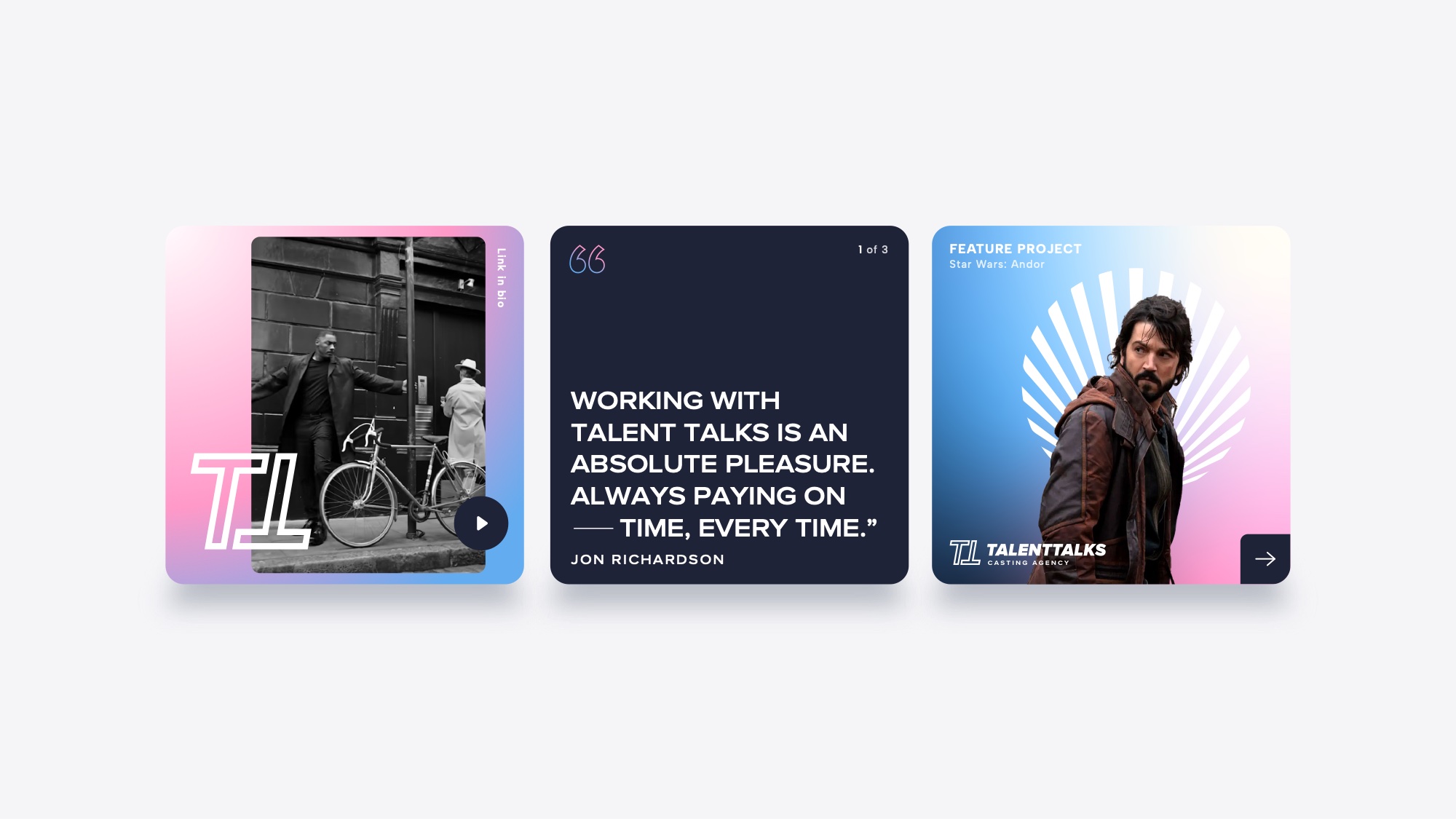 Website design: card modules for talent and production journeys
