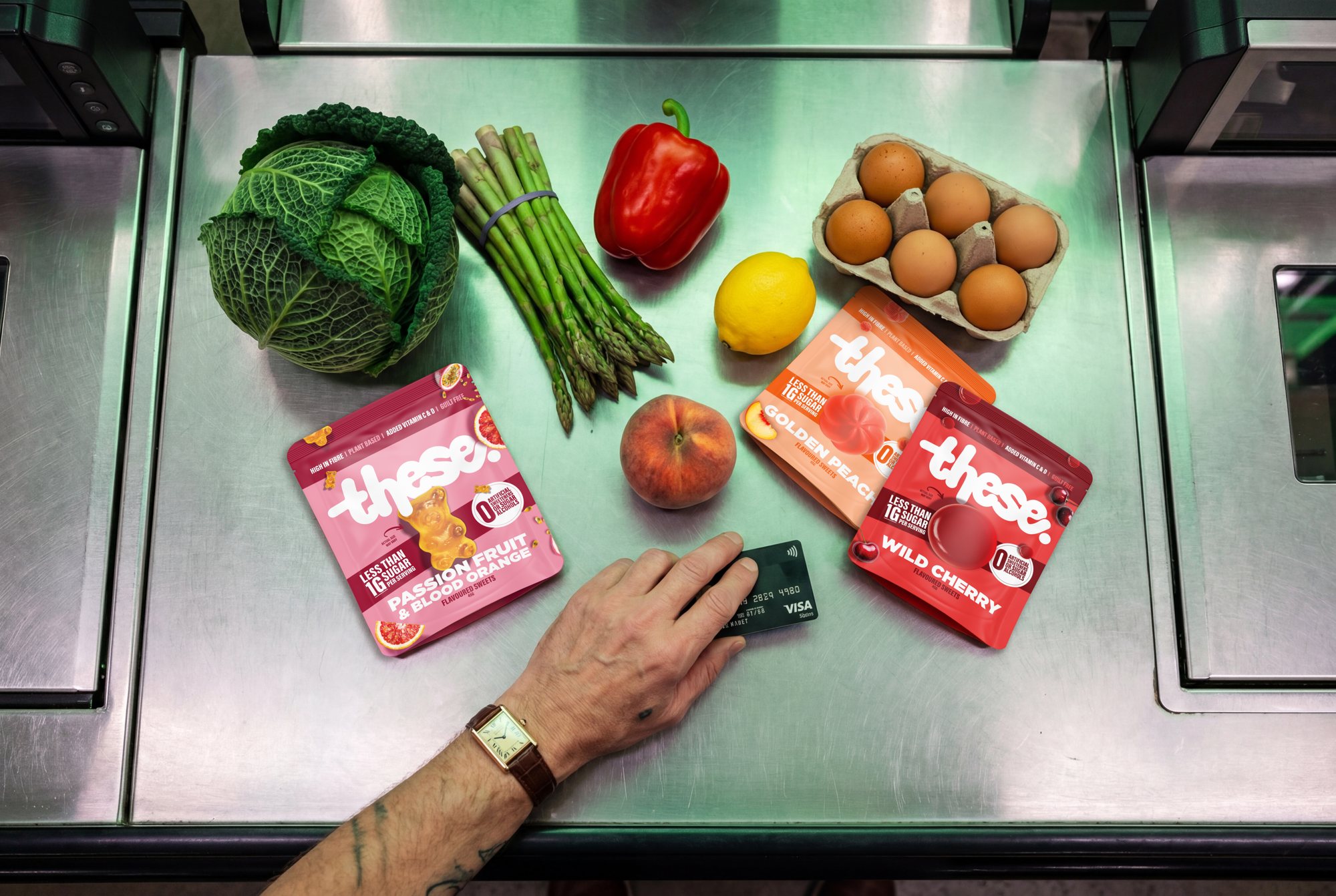 Flat lay at the checkout belt with groceries