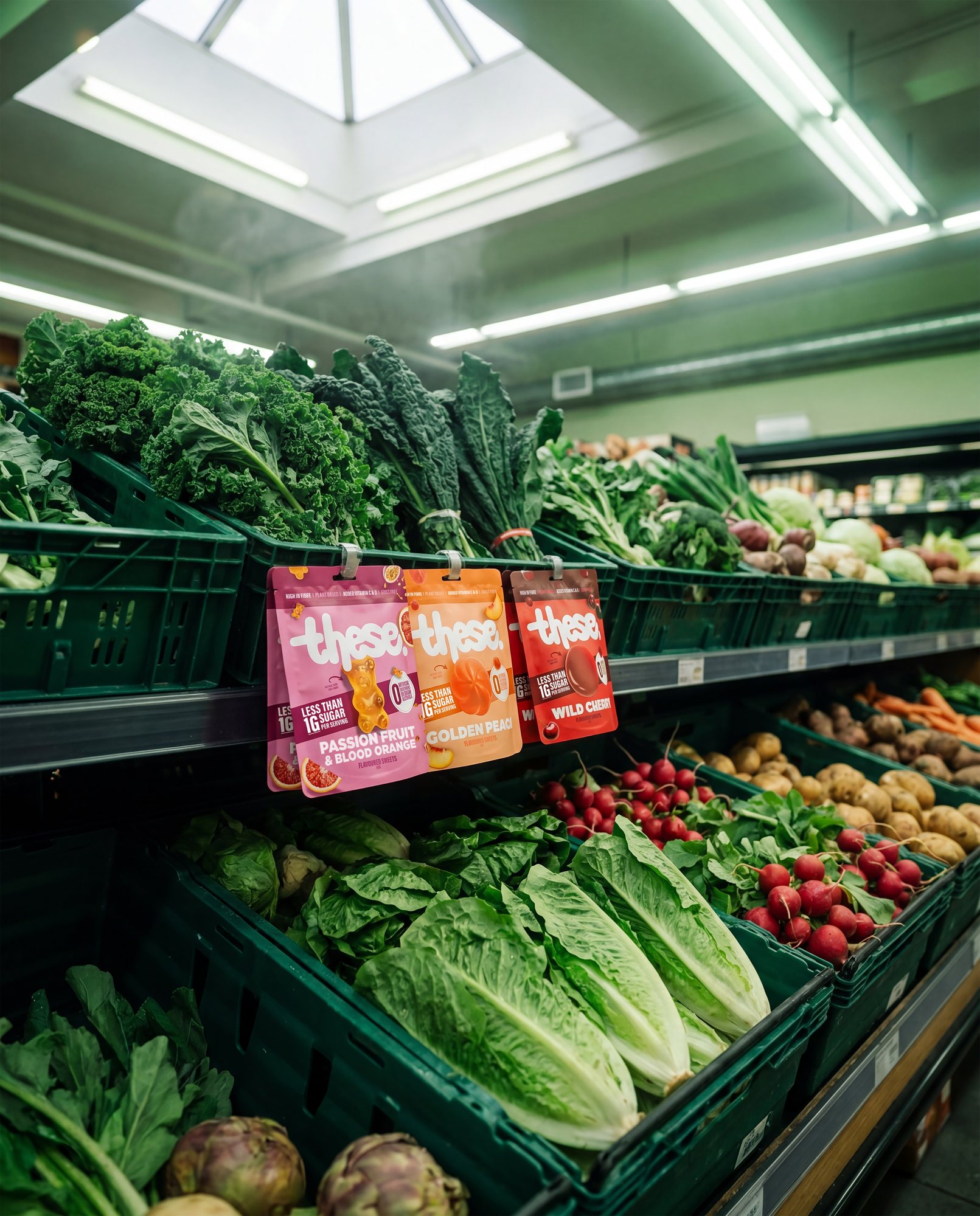 Packs staged in the produce aisle