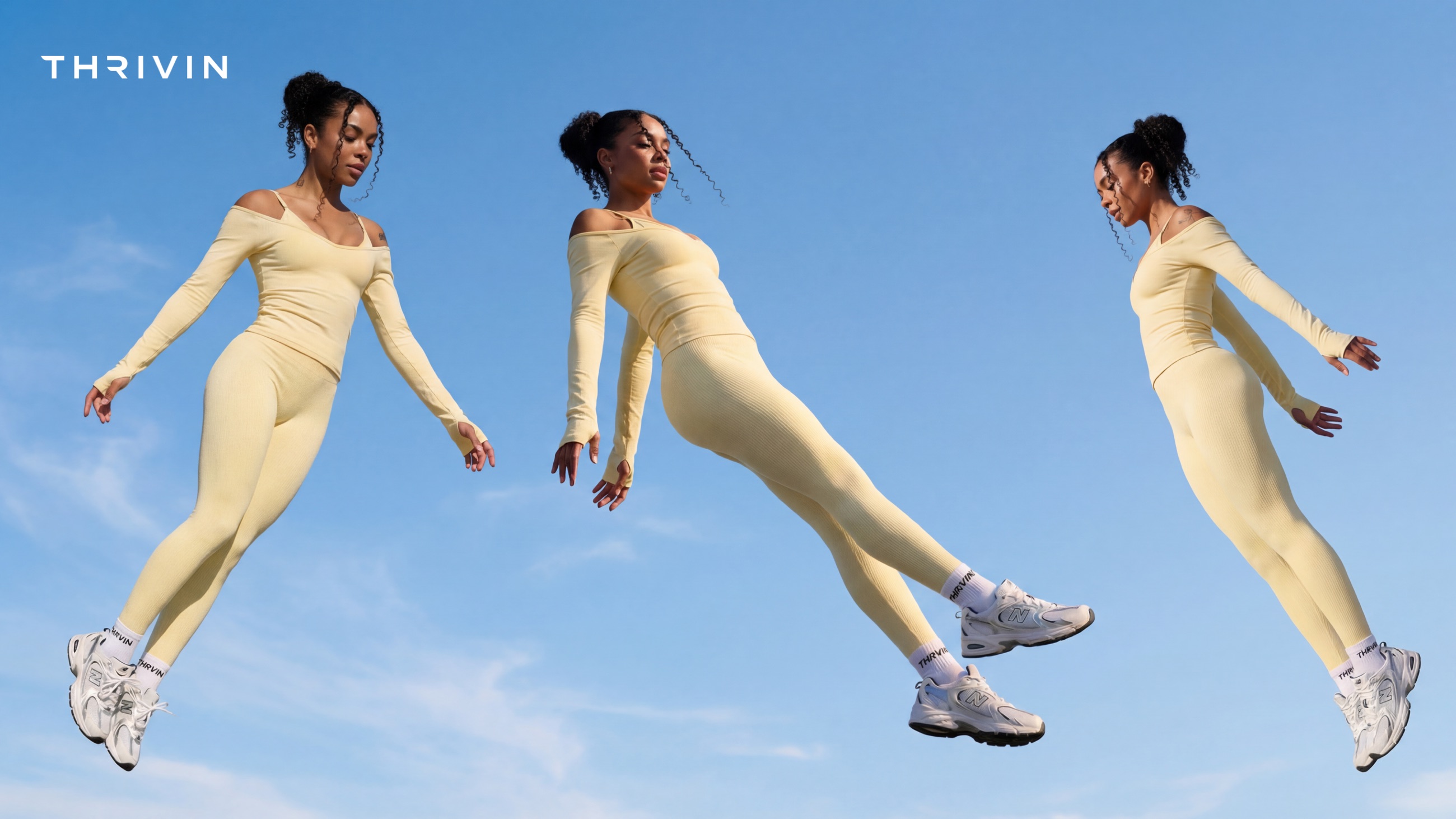 Thrivin Golden Butter campaign: three suspended figures composited against open sky beneath the wordmark