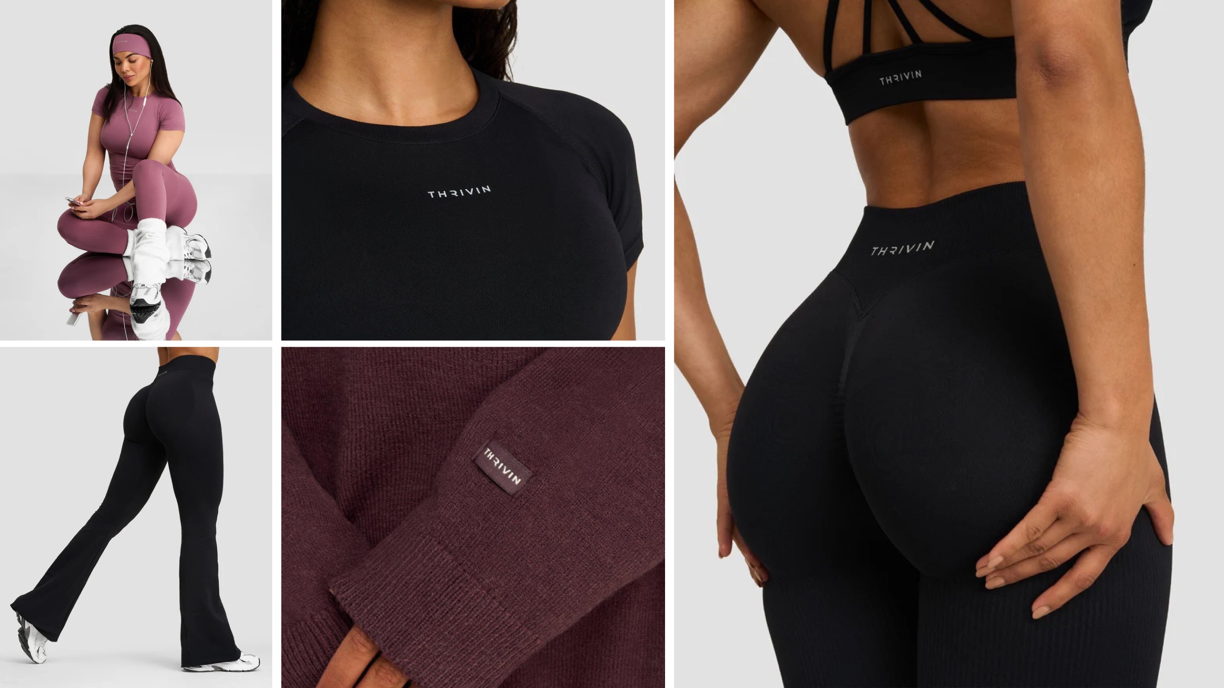 Thrivin catalogue imagery: product detail and full-length frames showing the wordmark across the range