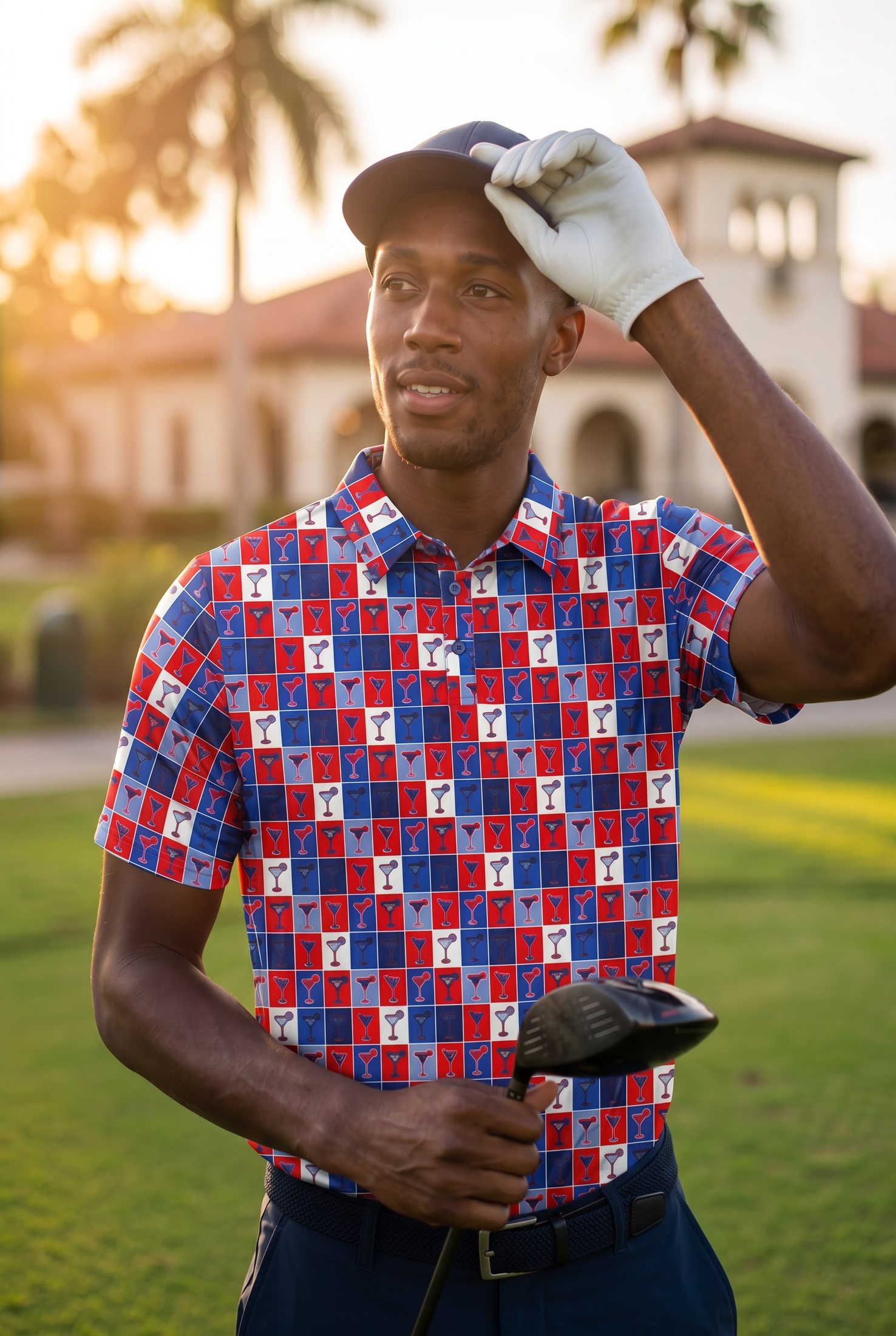Golfer adjusting his cap outside the clubhouse