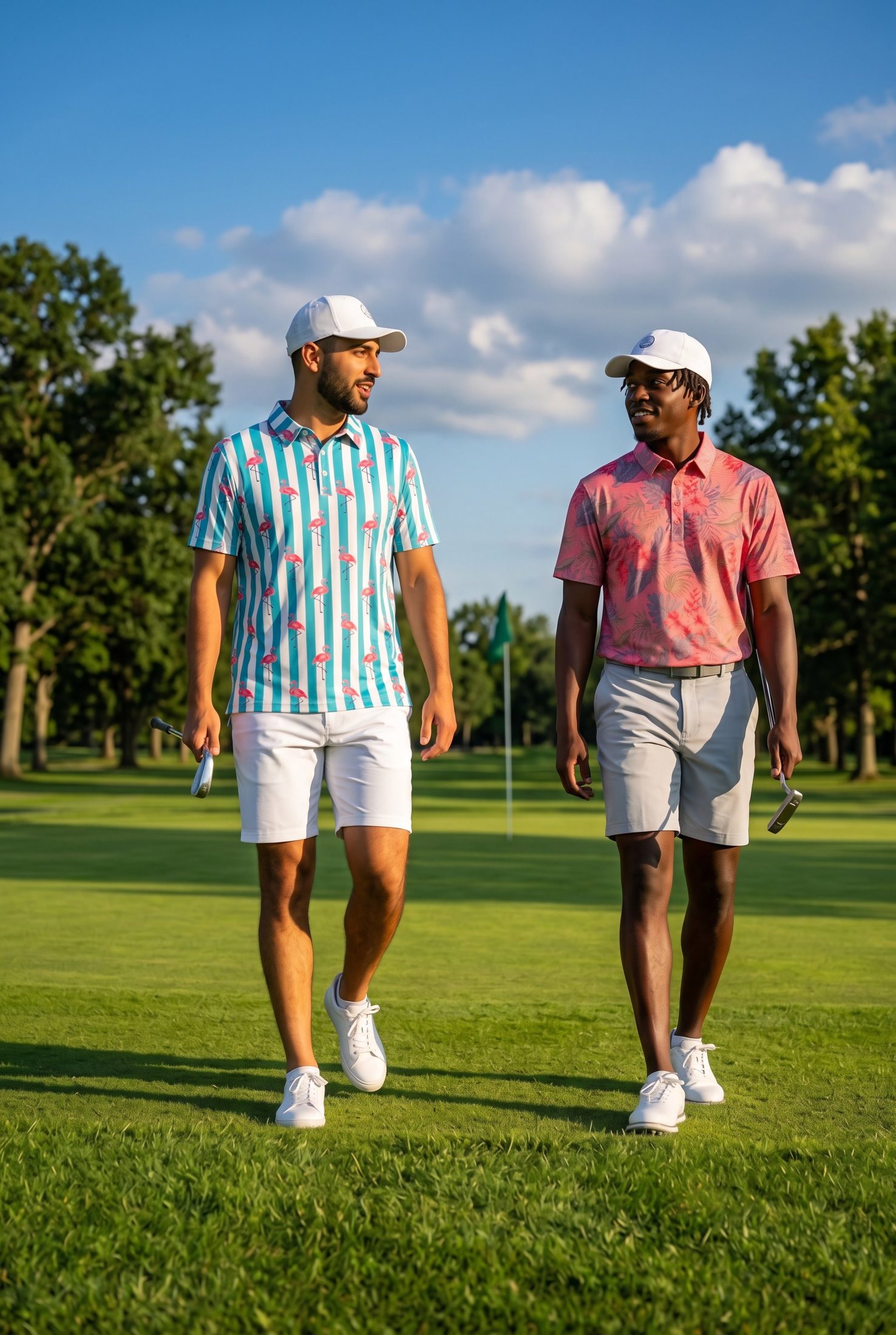 Two golfers walking the green together