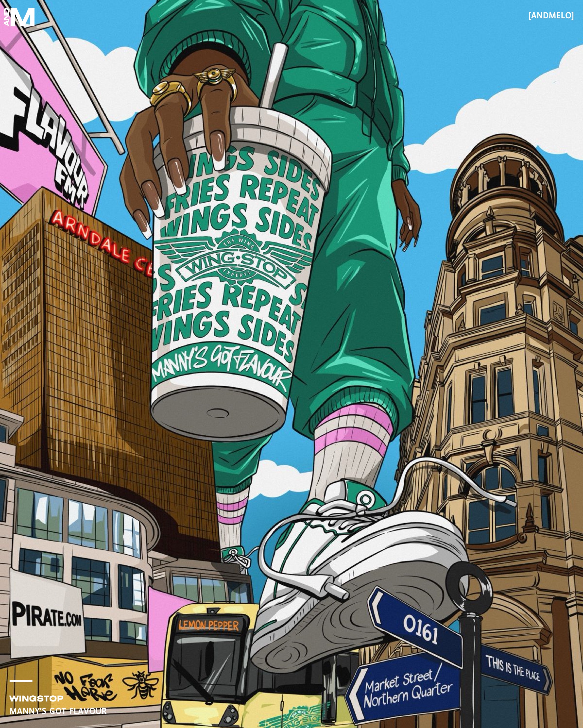 The full Manchester illustration: Arndale, Northern Quarter street signs, a Wingstop cup held above the city