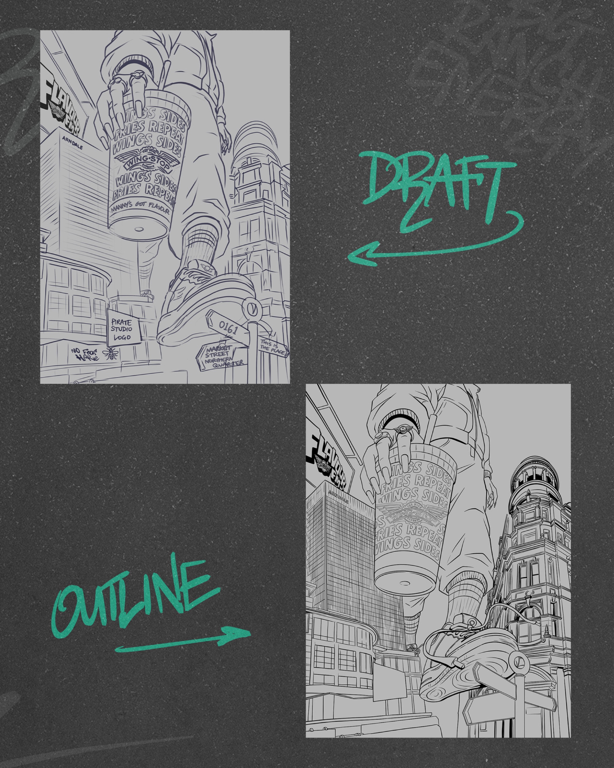 Process: pencil draft beside the finished outline