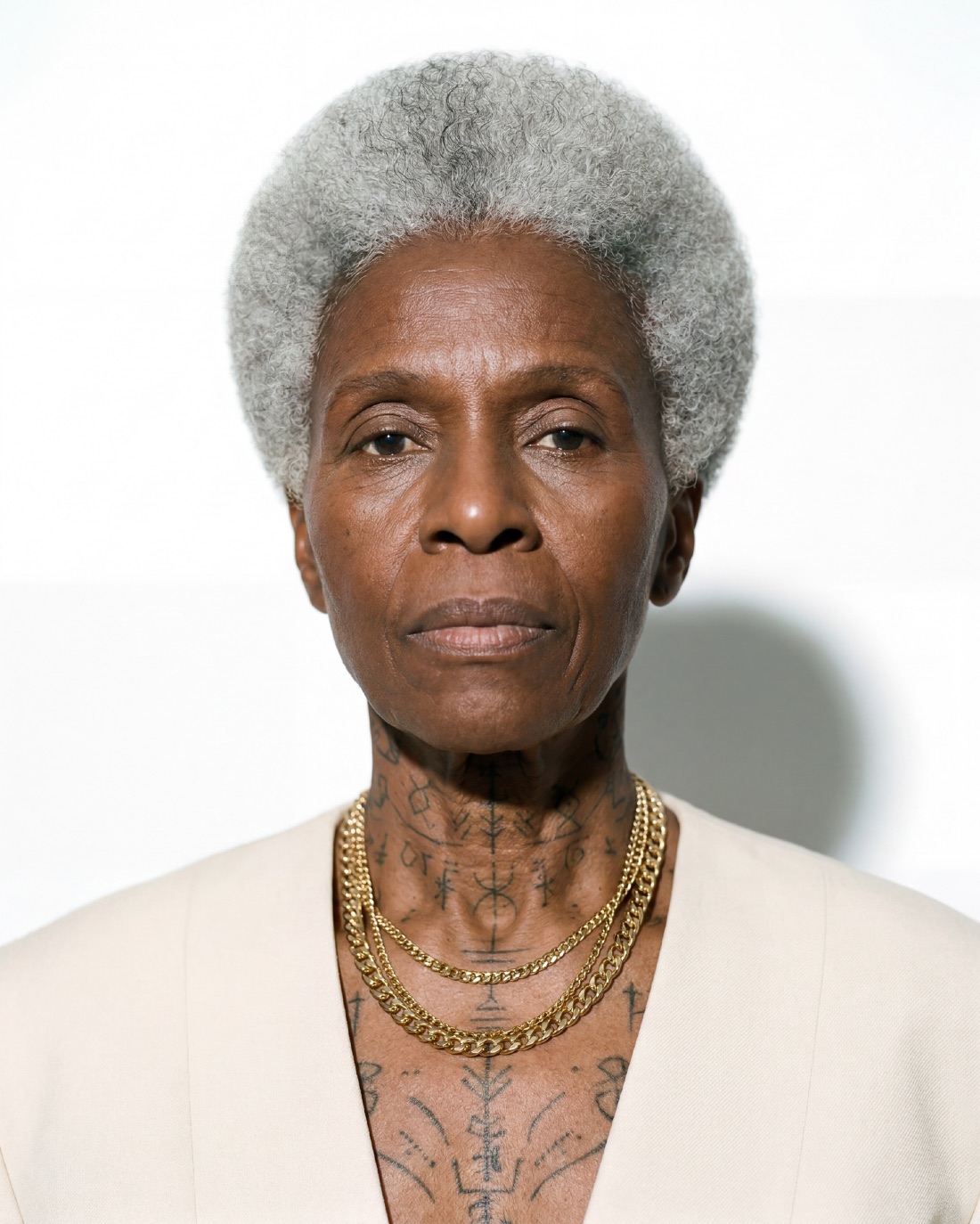 Casting portrait: silver afro, tattooed chest