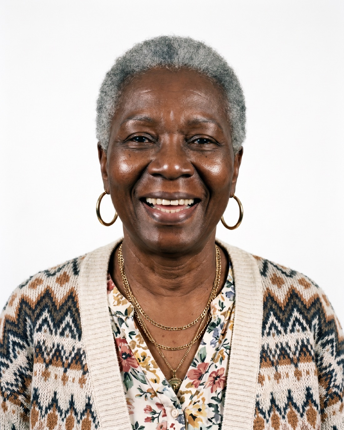 Casting portrait: grey crop, open smile