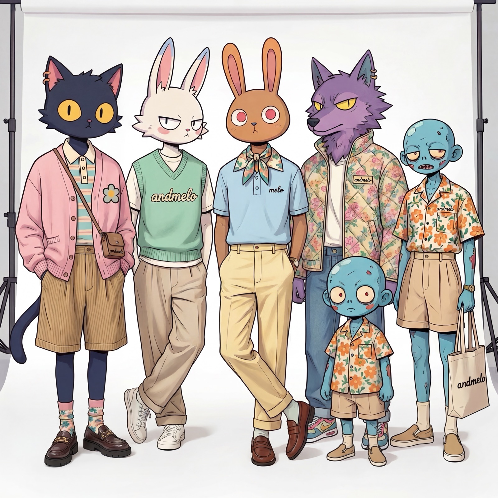 An illustrated character cast in AndMelo-branded clothing, lined up against a studio backdrop
