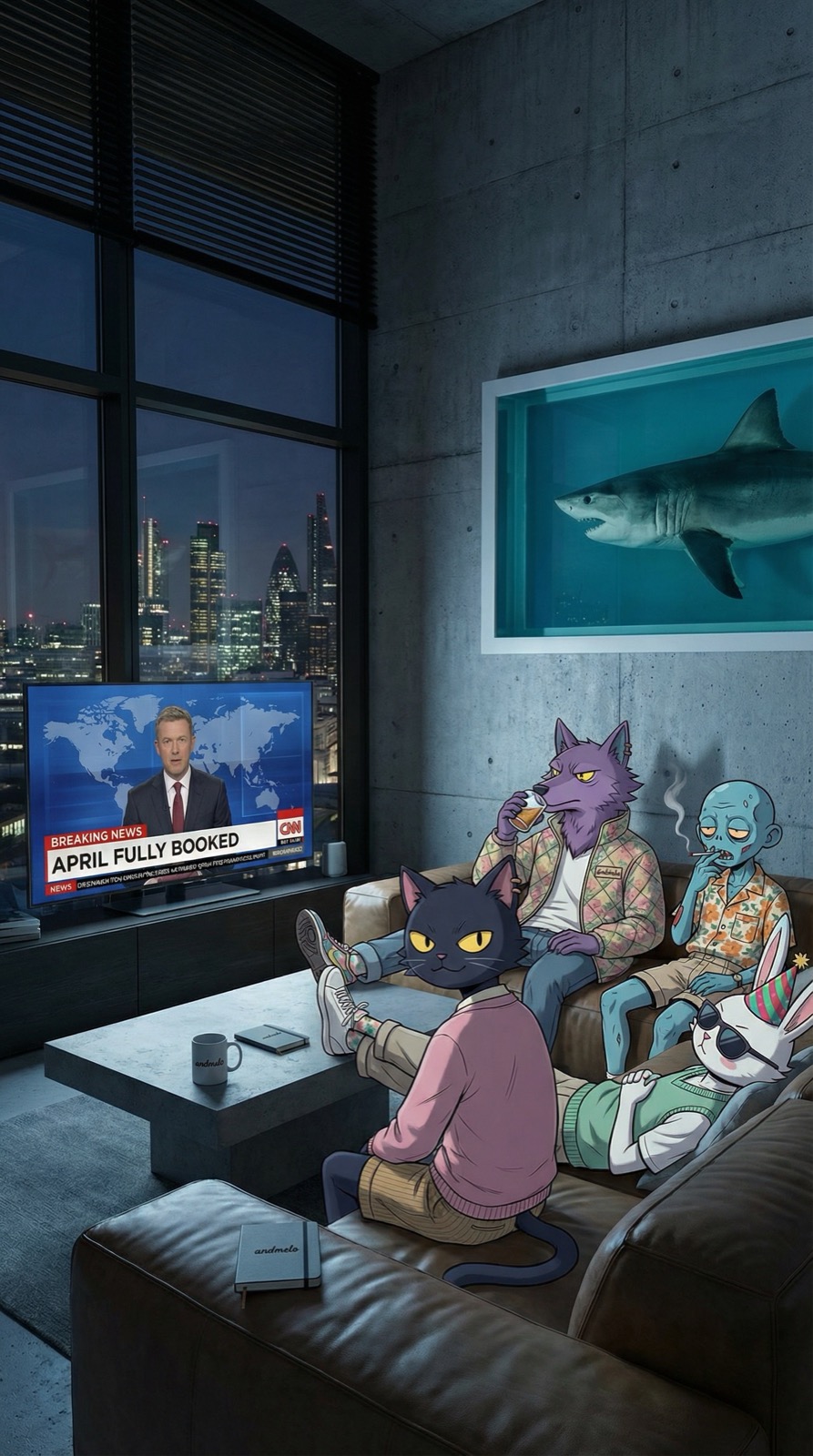 The same illustrated characters staged in a dark apartment interior watching a news broadcast