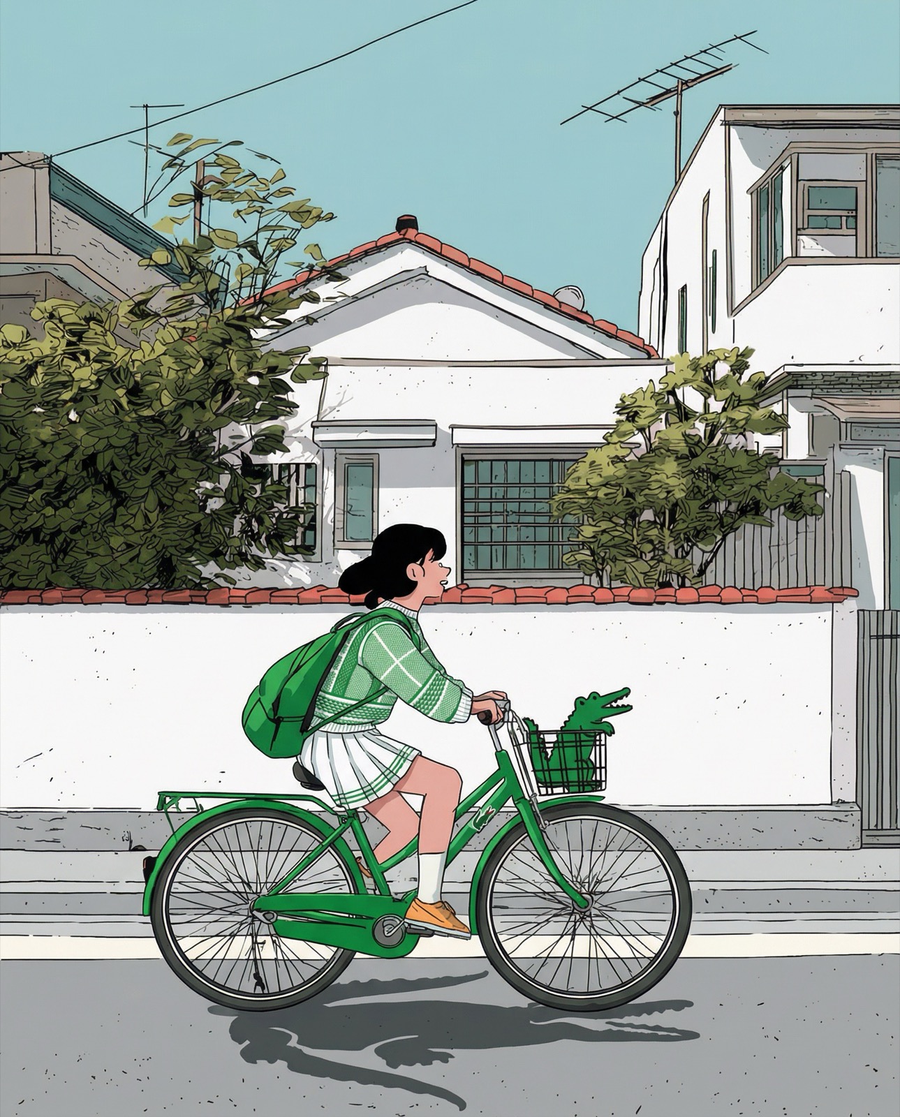 Line-led illustration study: a cyclist passing a low white building