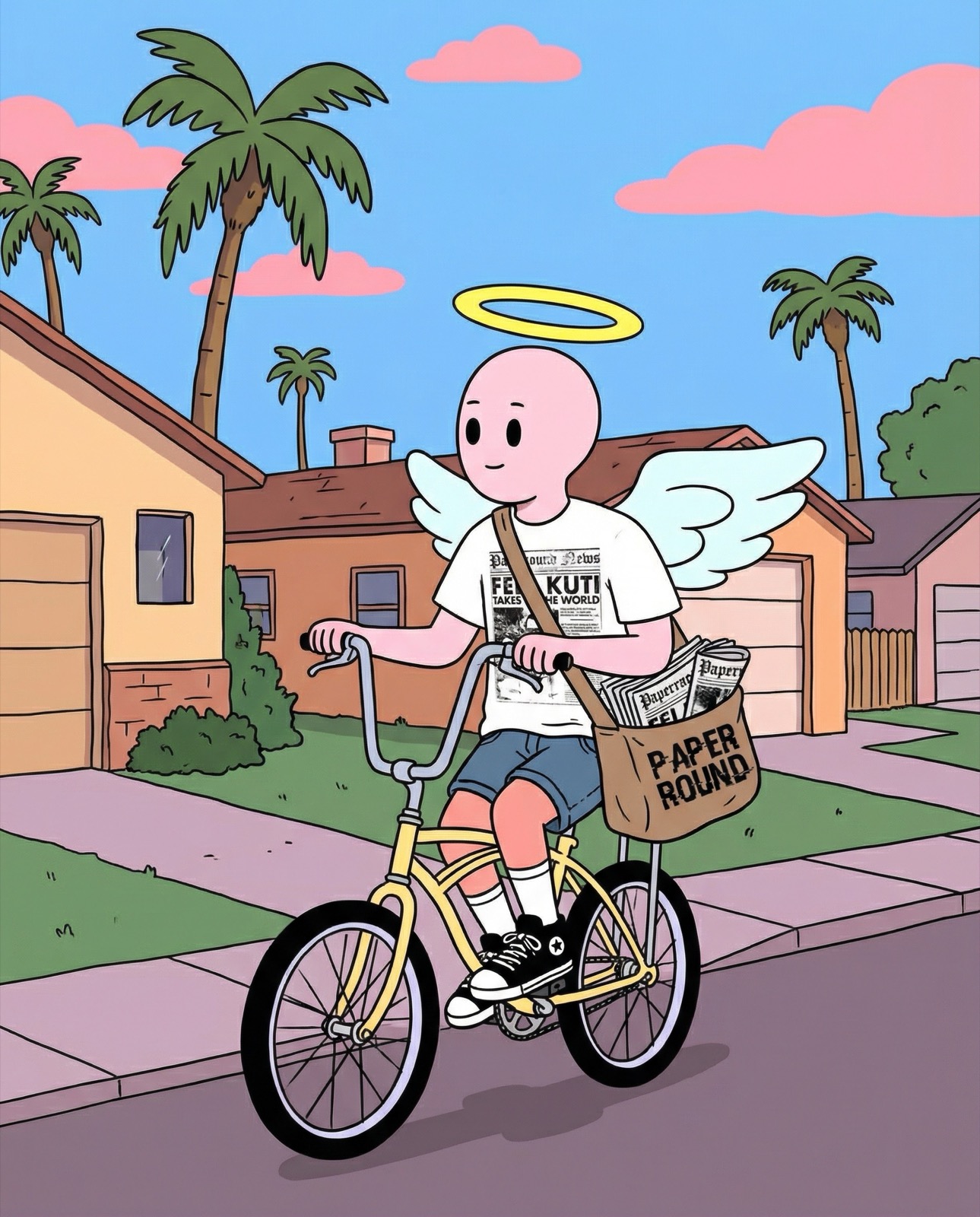 Illustration of a character on a bicycle wearing the printed tee and carrying a paper-round bag