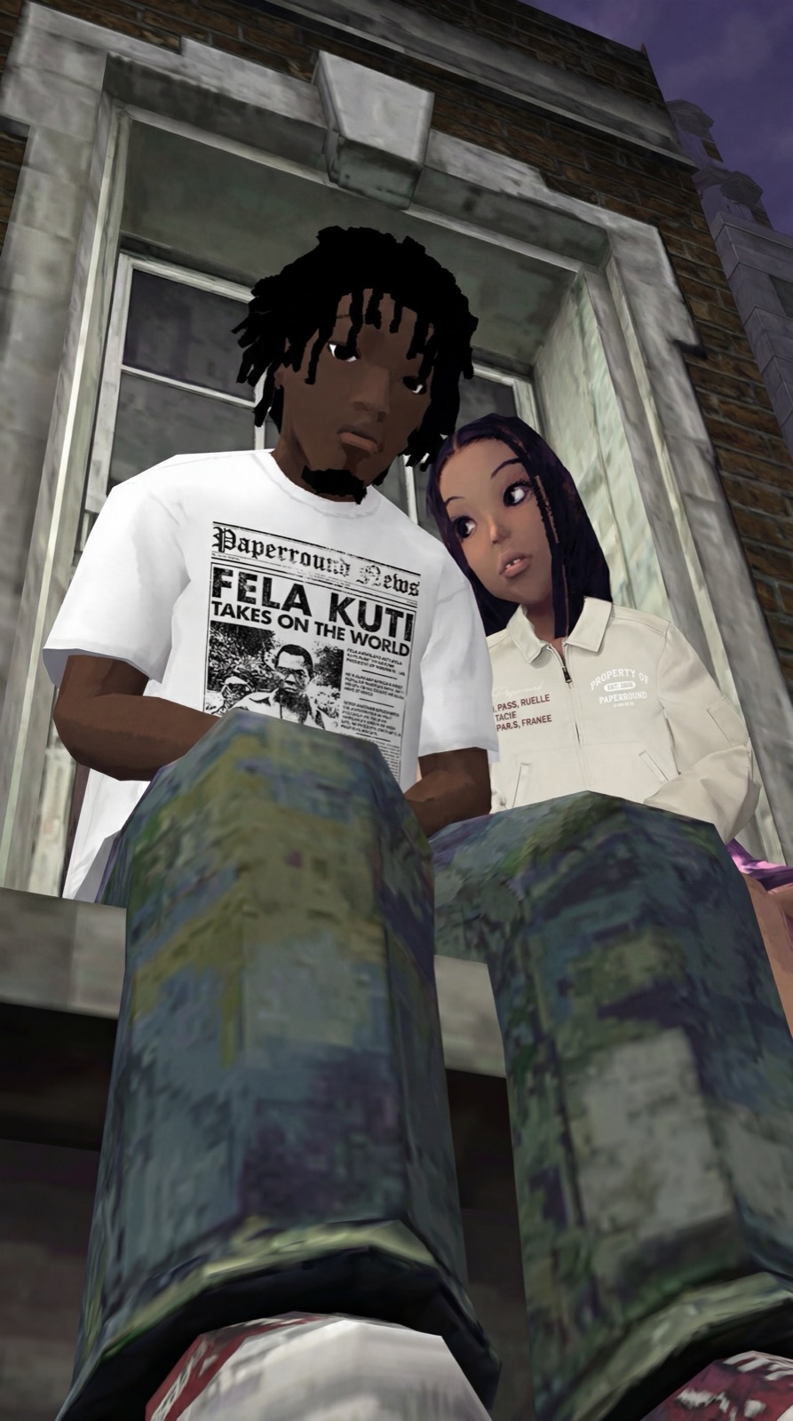 Photographic frame of the same printed tee worn on the street