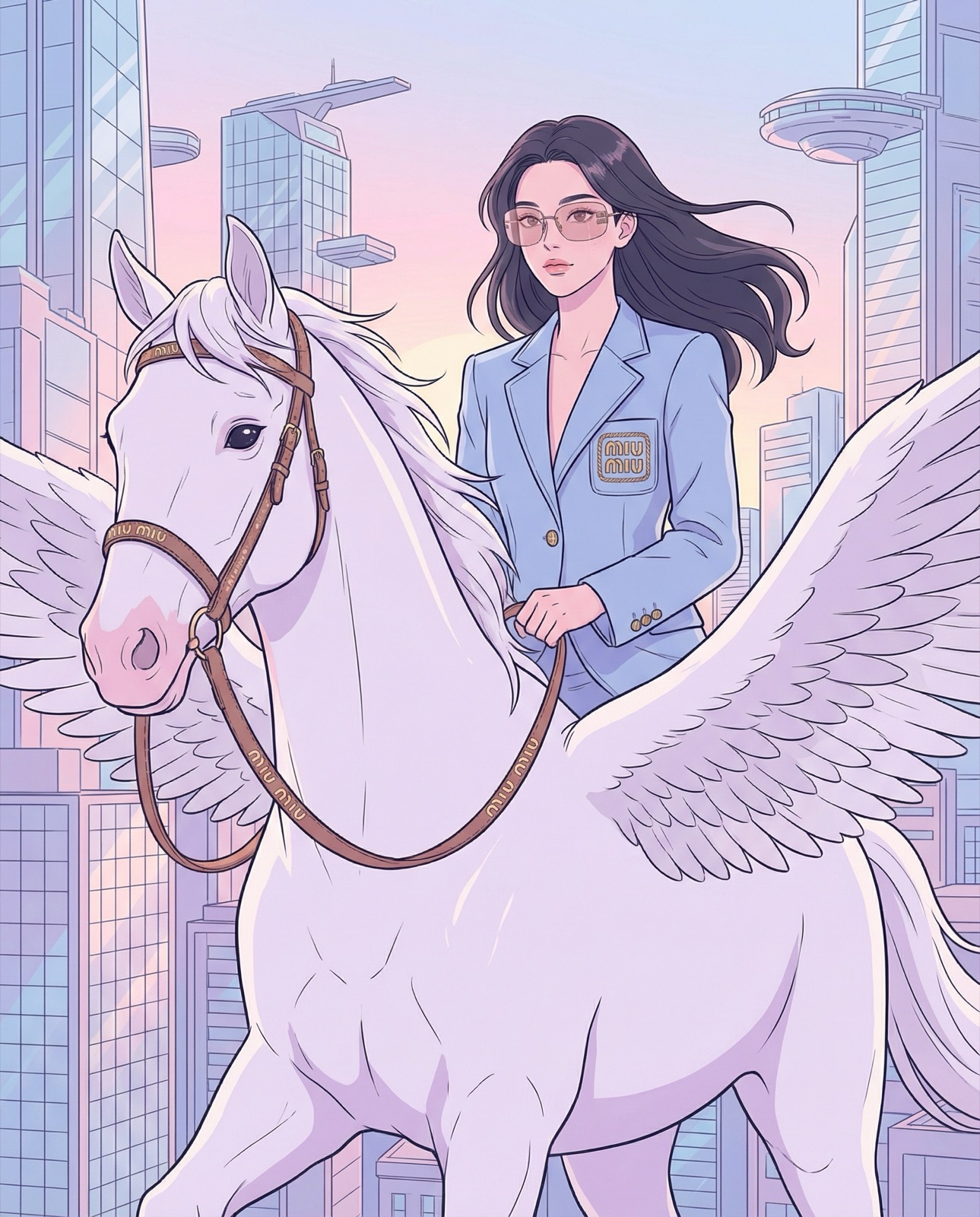 Illustration study: a figure in tailoring riding a winged horse through a pastel city